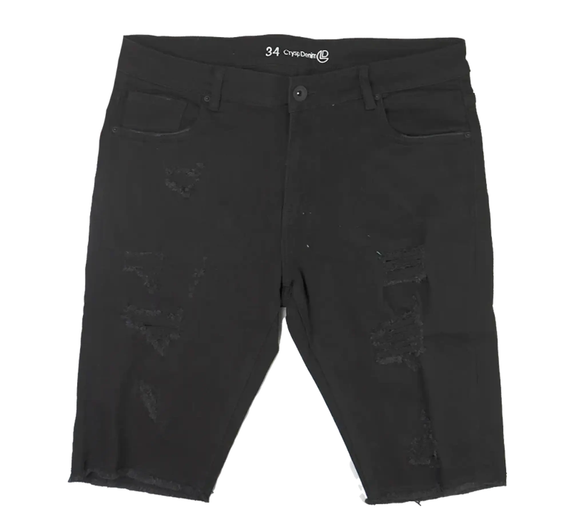 Black distressed denim cut off shorts with a 34 waistband and Crysp Denim branding on the back side