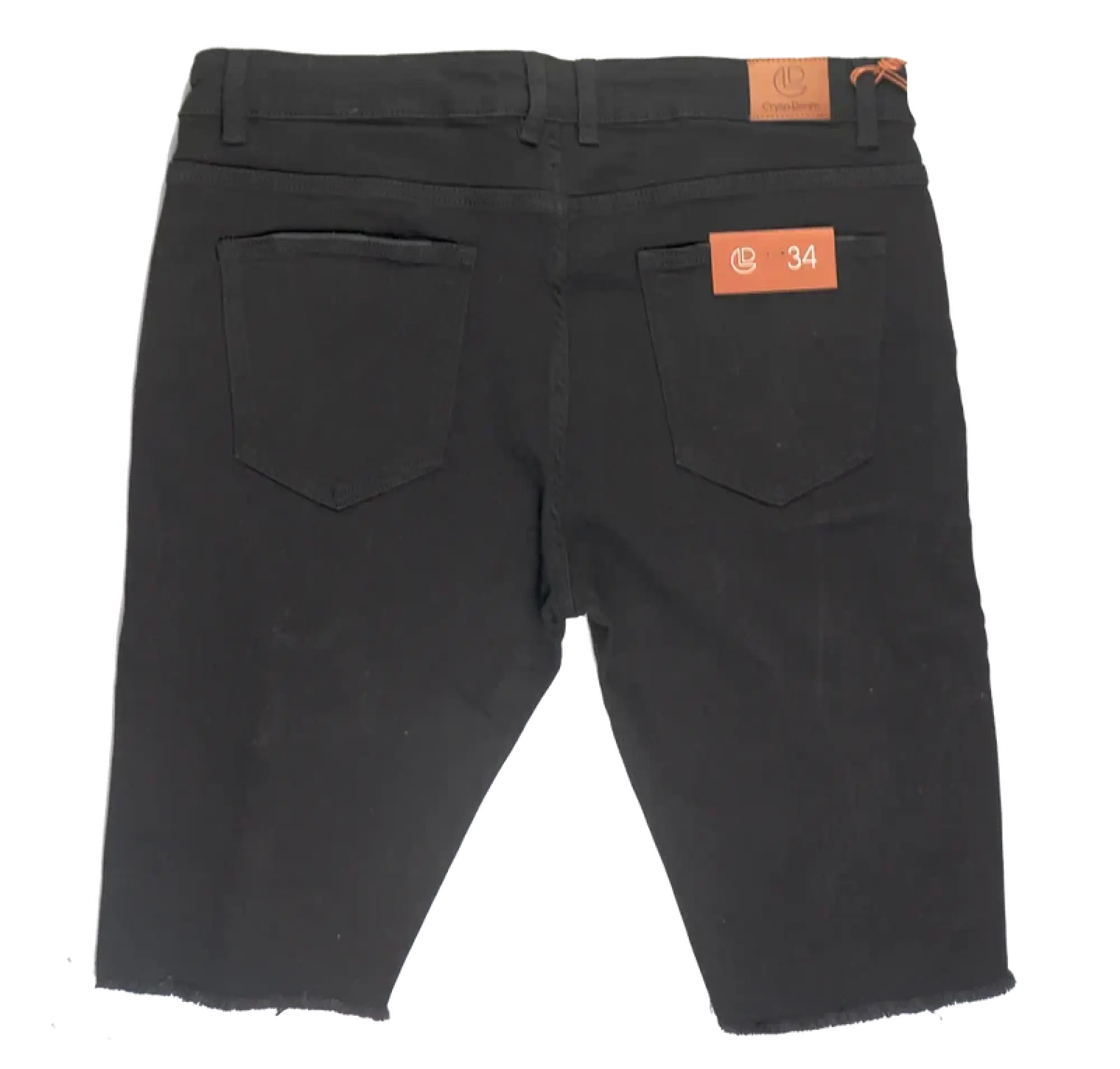 Back view of crysp denim cut off short black slim fit denim shorts with two back pockets and orange brand tags