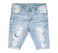 Light-wash crysp denim cut off shorts with distressed ripped details and frayed hems in front view