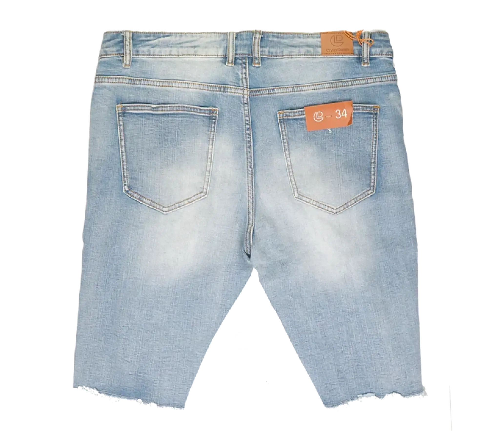 Light-wash crysp denim cut off shorts with frayed hem and orange brand tags front view