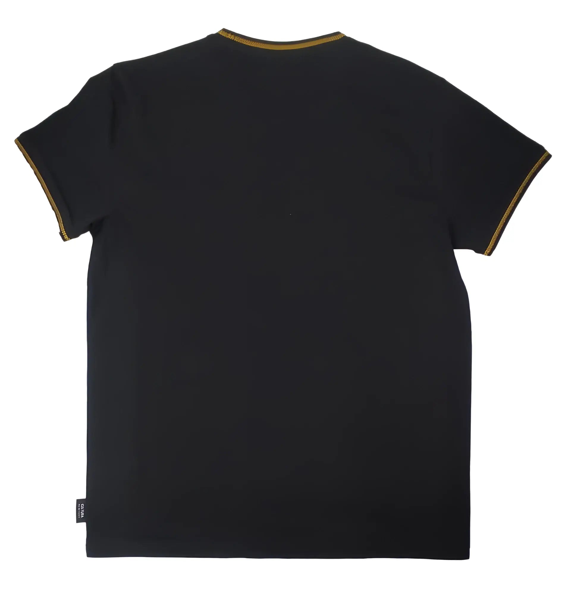 Black Cultura T-shirt with gold trim along neckline and sleeve hems in short-sleeved cotton style