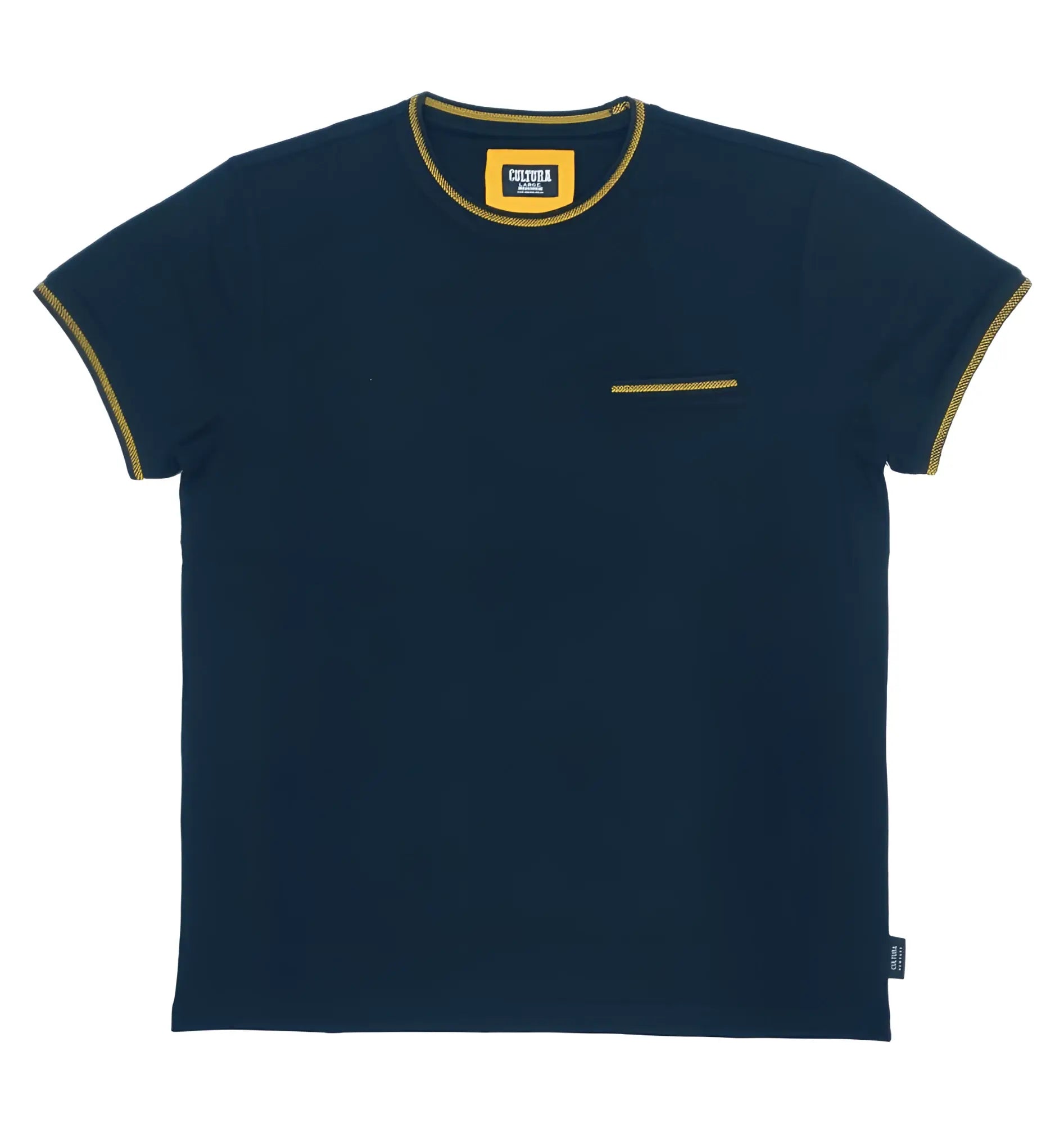 Navy blue Cultura short-sleeved t-shirt with yellow trim on collar sleeve cuffs and chest pocket ideal for casual wear
