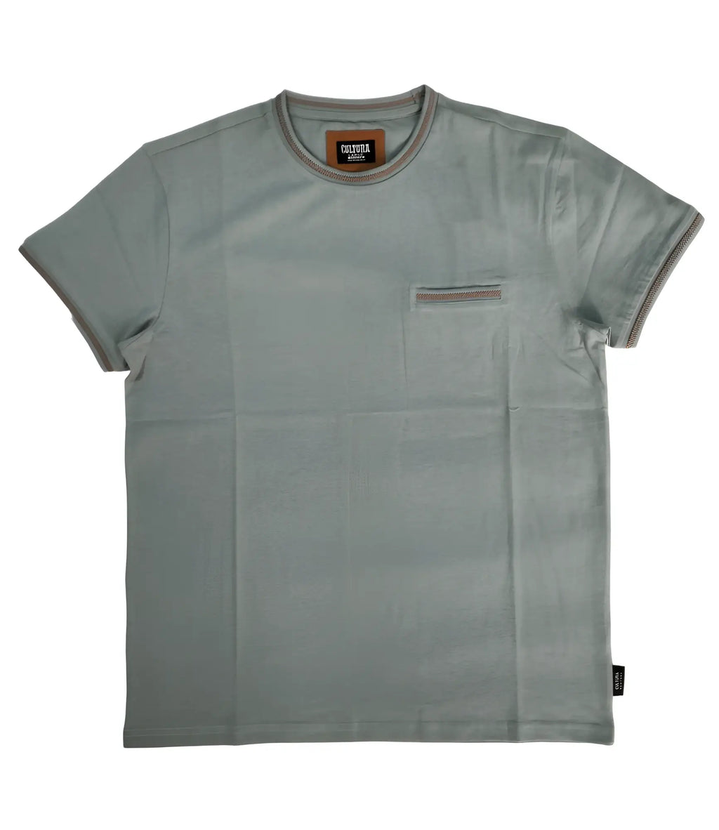 Cultura t-shirt in soft sage green cotton with ribbed trim and a chest pocket with matching stitching