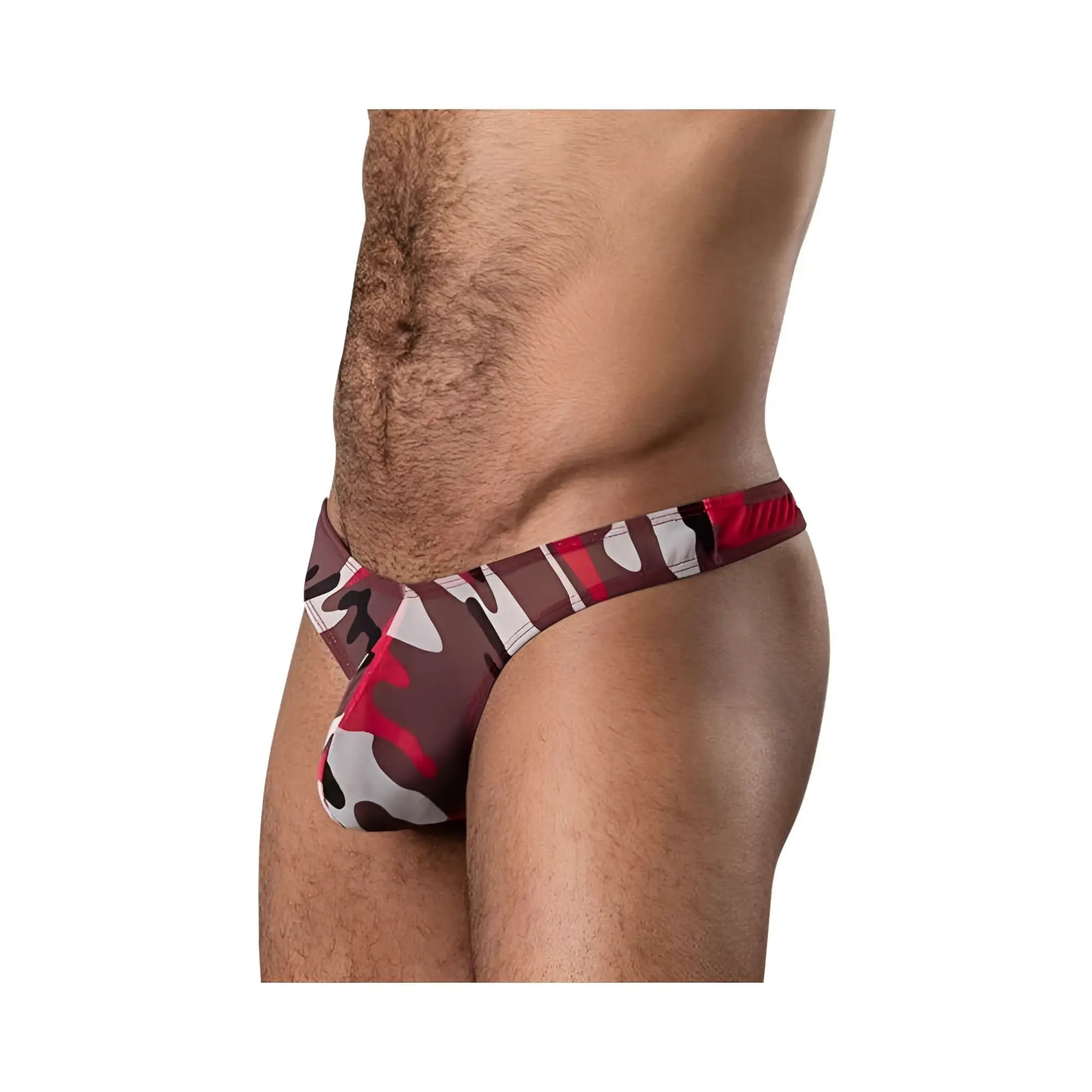 Brown white and red camouflage patterned men’s briefs cumouflage bong thong red sm with a snug fit