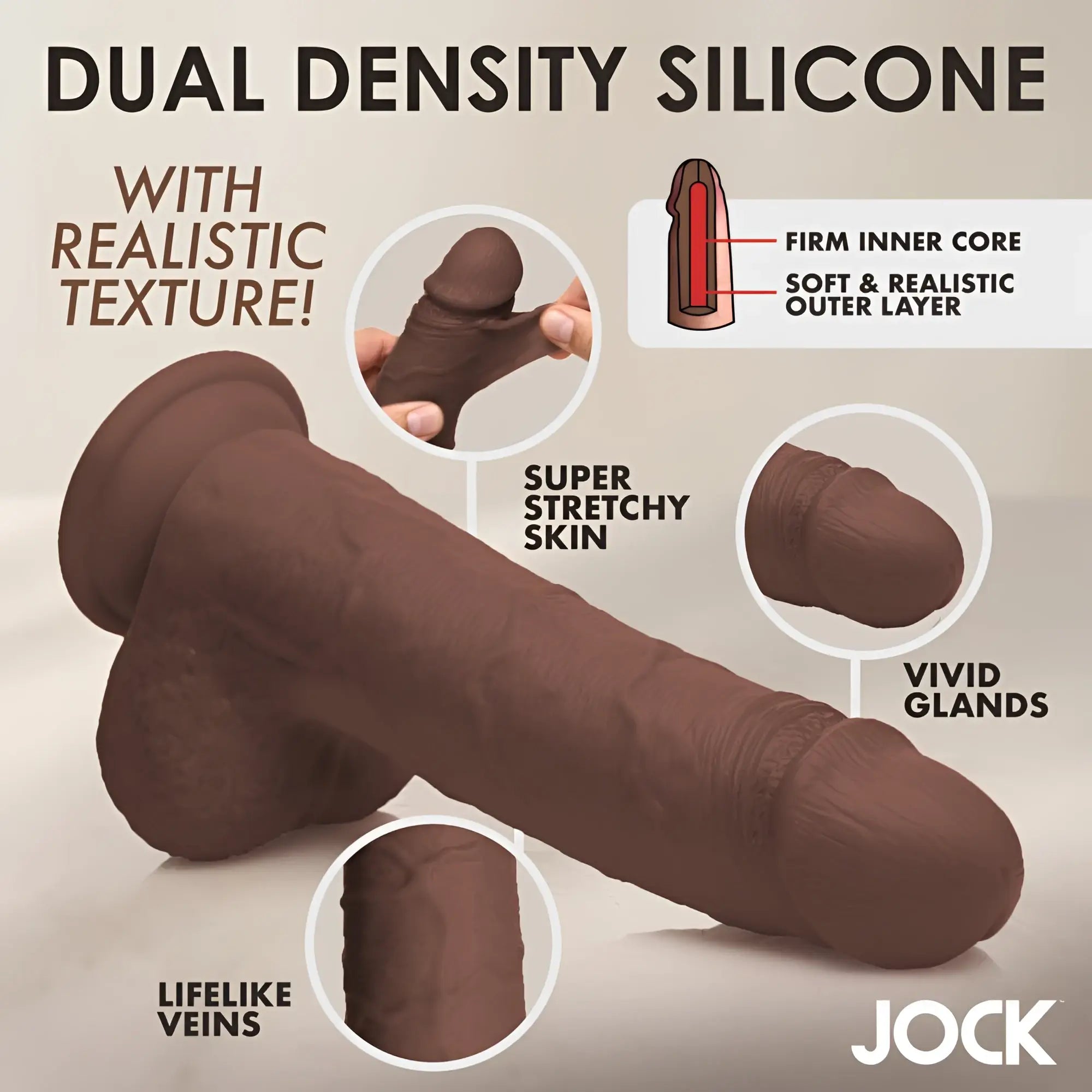 Curve Toys 10-inch brown silicone dildo with suction cup, showing realistic skin texture, veins, and dual-density core.