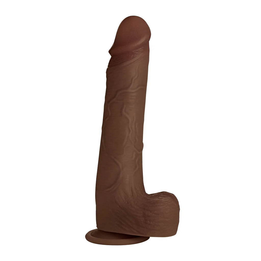 Curve Toys 10-inch dark brown silicone dildo with realistic veins, textured skin, and attached balls on a suction base.