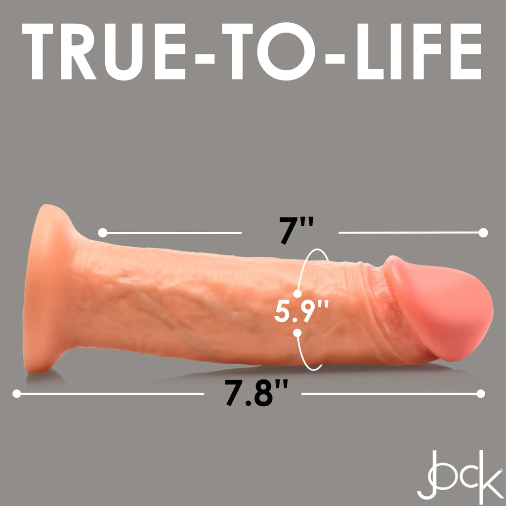 Curve Toys 10X Real Skin vibrating dildo in realistic peach, 7.8 inches long, with dimensions labeled on gray background.