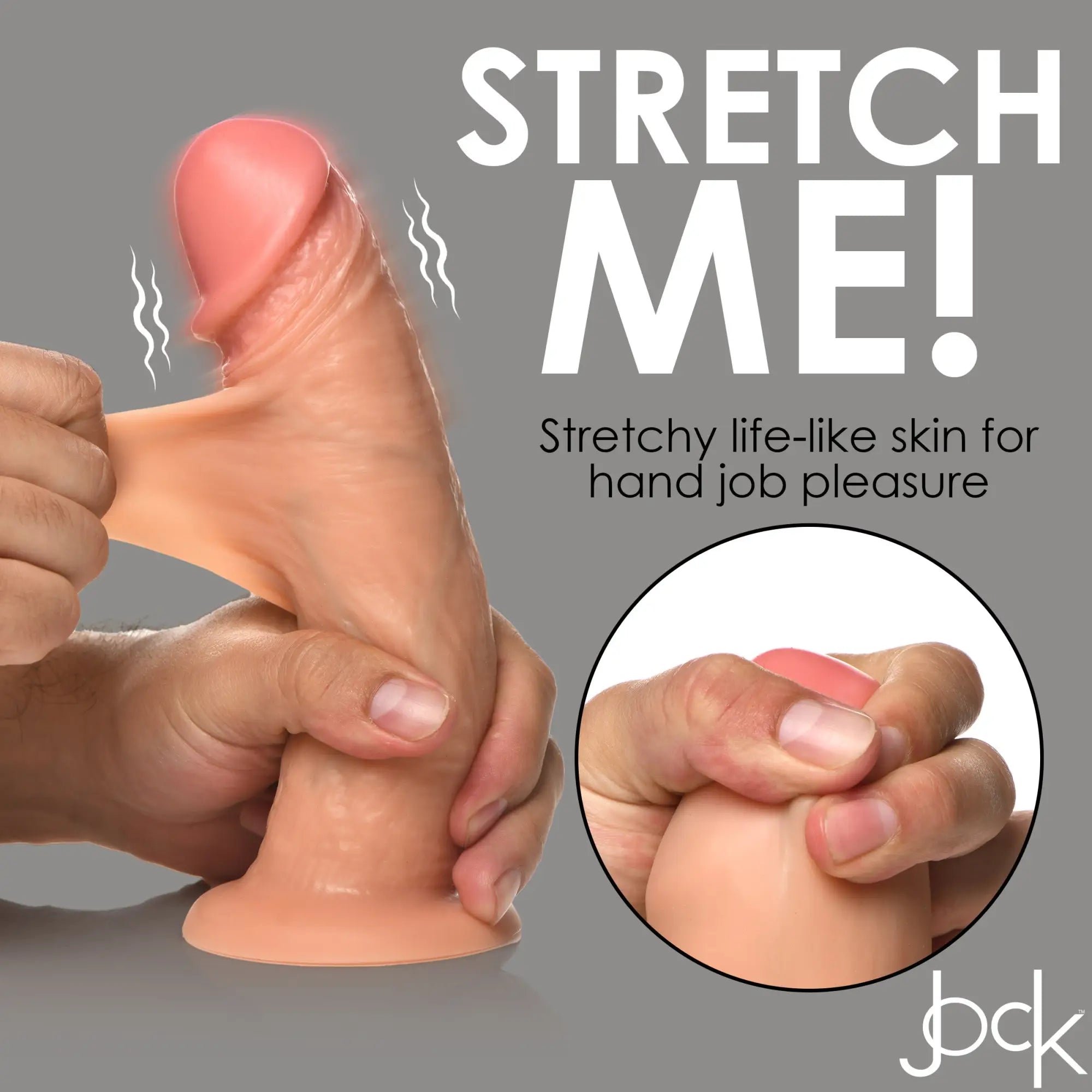 Curve Toys 10X Real Skin 8-inch vibrating dildo: a realistic, beige, stretchy toy being gripped by hands.