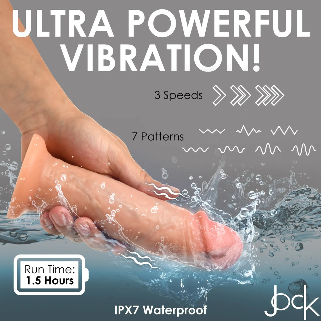 Curve Toys 10X Real Skin 8" dildo in a hand, featuring a realistic beige texture, waterproof design, and 3 speeds.