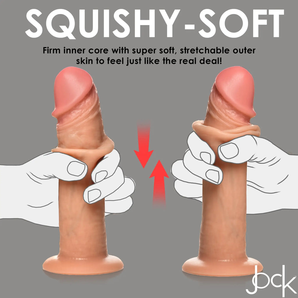 Curve Toys 10X Real Skin 8-inch dildo: A tan, realistic, stretchable vibrating toy demonstrated by hand movements.