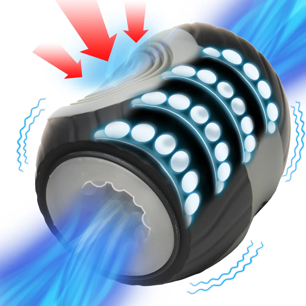 Curve Toys 10X Masturbator: A black and grey cylindrical device featuring glowing blue light effects and vibration lines.