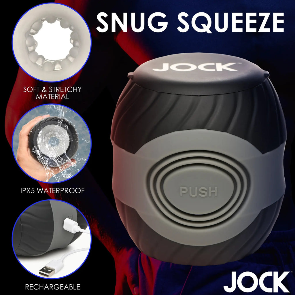 Curve Toys 10X Masturbator: A grey and black, textured, rechargeable, waterproof device with a "Push" button feature.