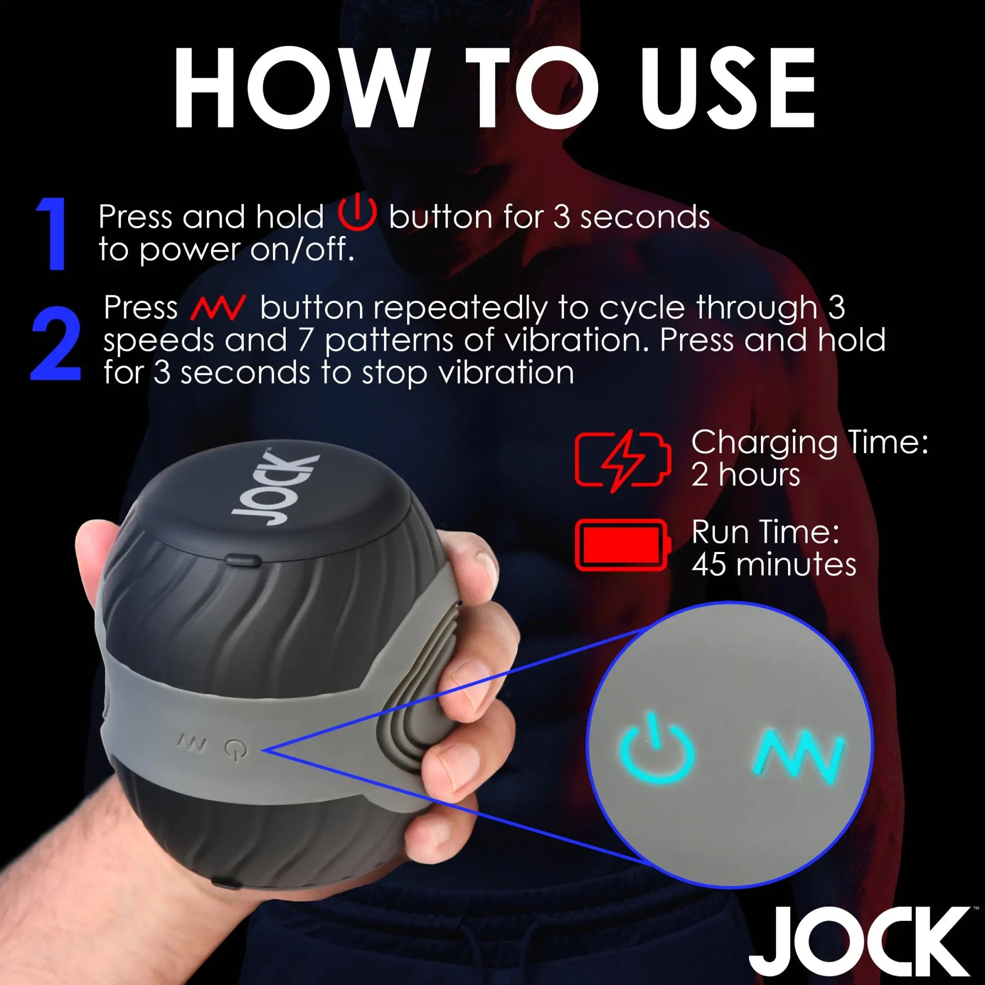 Curve Toys 10X Masturbator in hand: black, sphere-shaped with gray strap and glowing blue power and vibration icons.