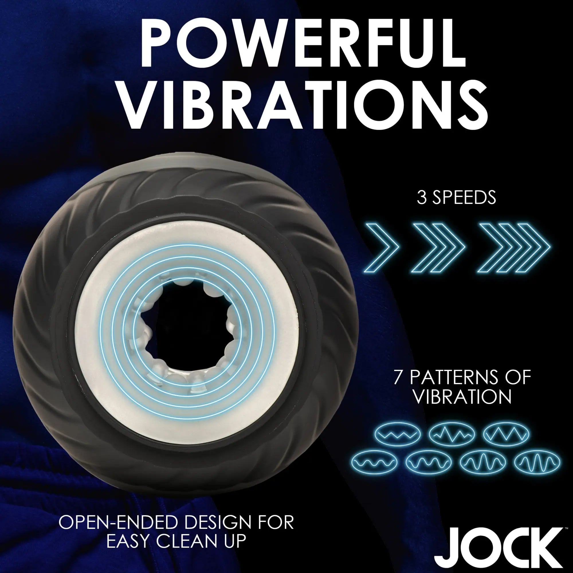 Curve Toys 10X black, open-ended masturbator with textured inner sleeve, showing vibration settings and JOCK branding.