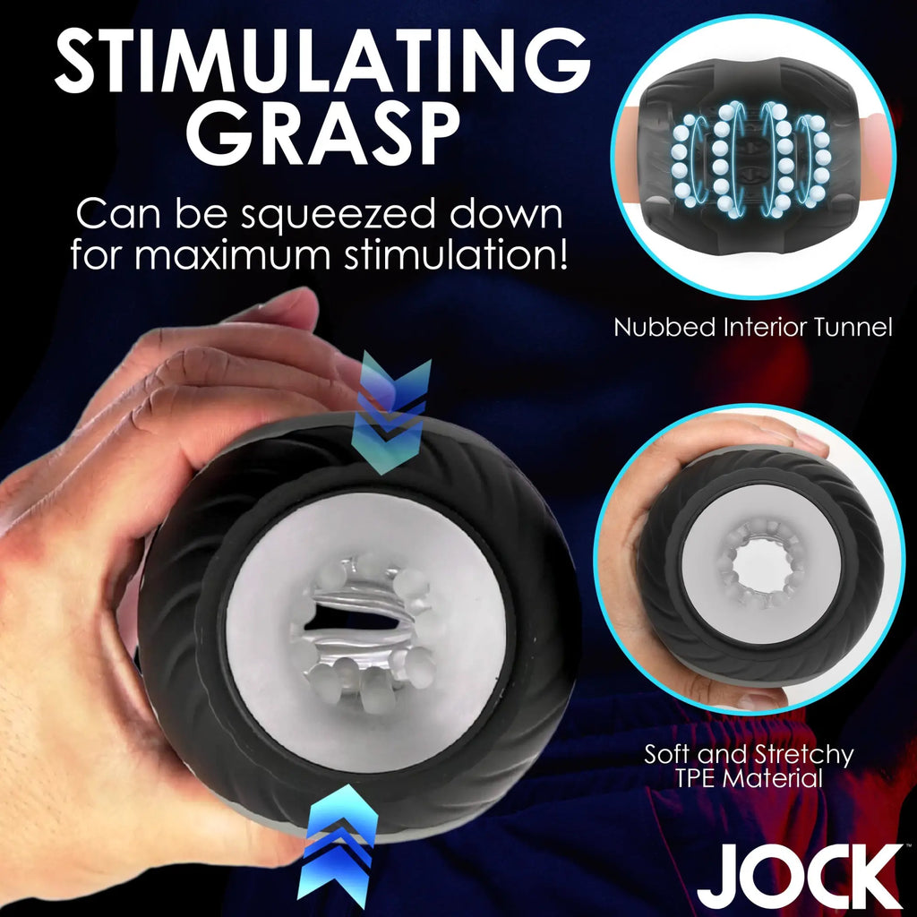 Curve Toys 10X Masturbator: A black, squeezable device with a soft, nubbed white interior for stimulation.