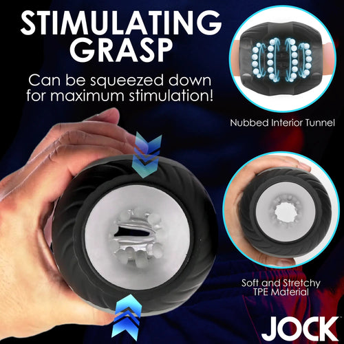 Curve Toys 10X Masturbator: A black, squeezable device with a soft, nubbed white interior for stimulation.