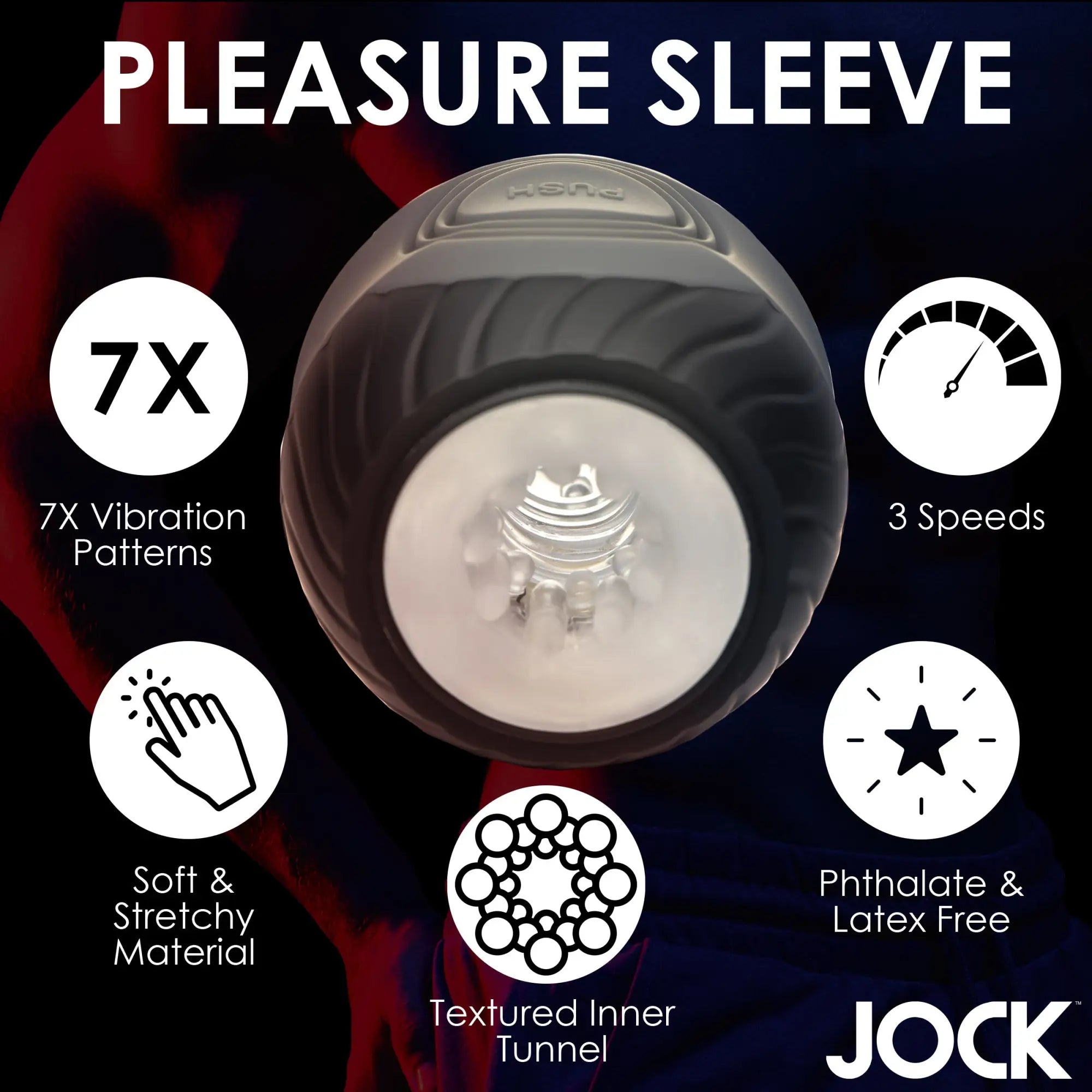 Curve Toys 10X Masturbator: a black, spherical device with a textured clear inner tunnel and feature icons on a dark back.
