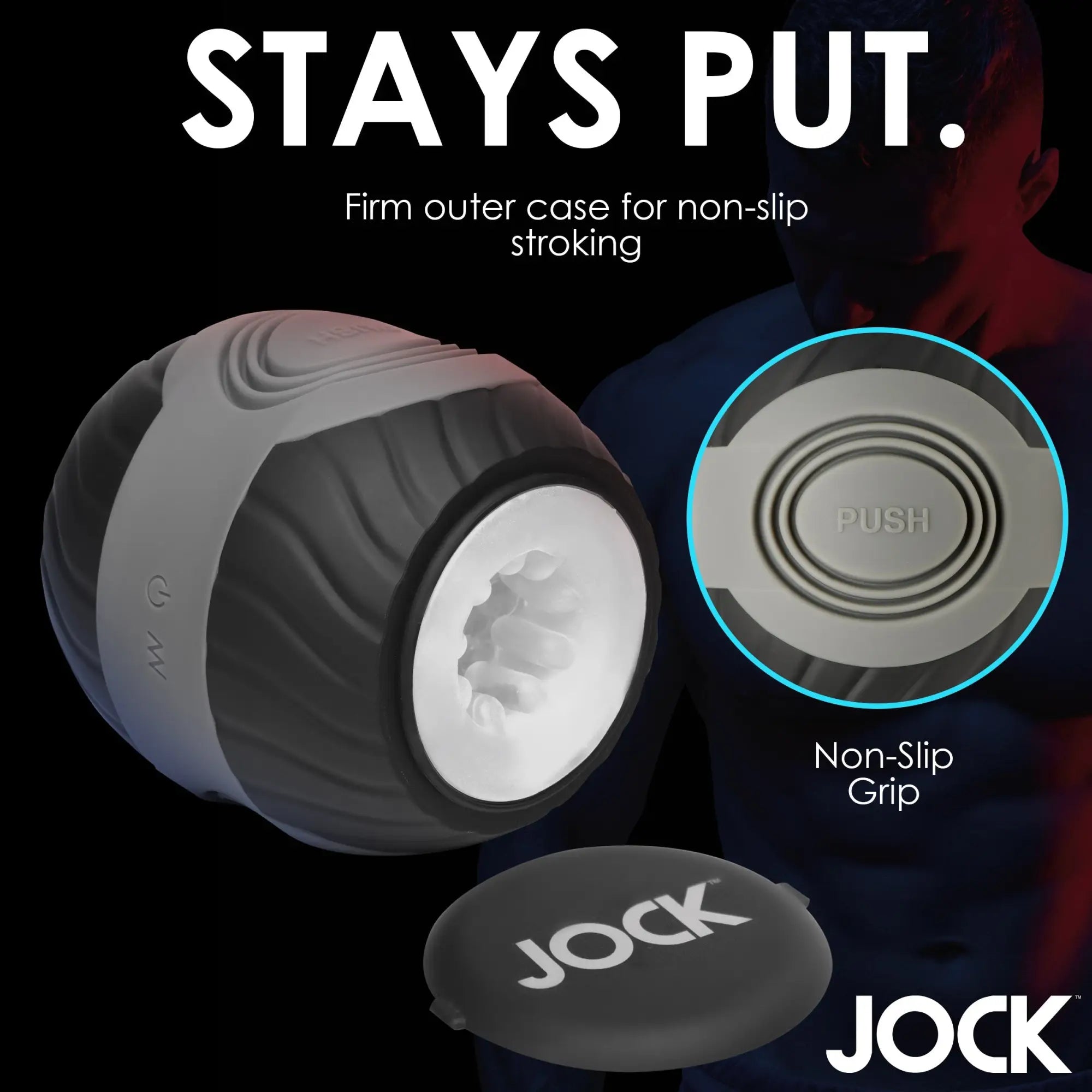 Curve Toys 10X Masturbator: a round, gray and black textured device with a white inner sleeve and non-slip grip.