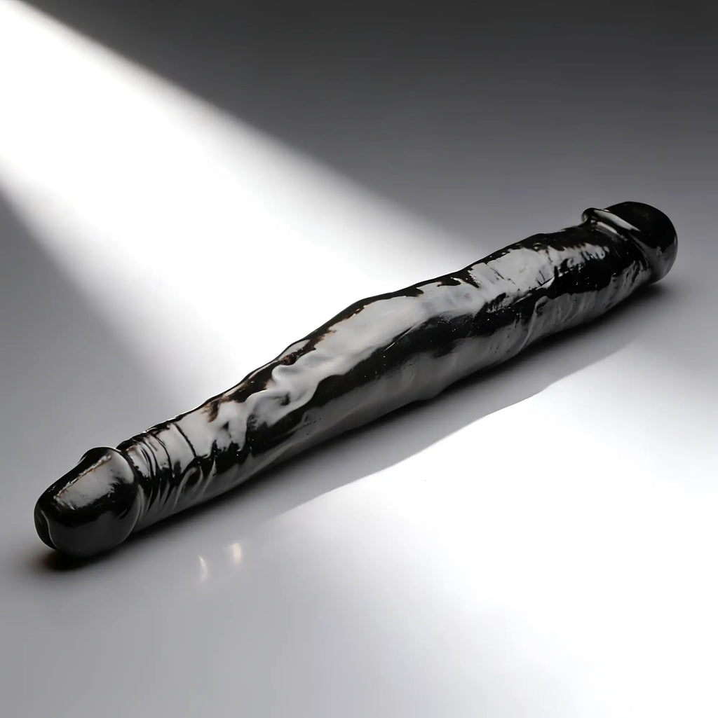 Curve Toys 13-inch tapered black double-ended dong with a realistic, textured shaft on a white studio background.