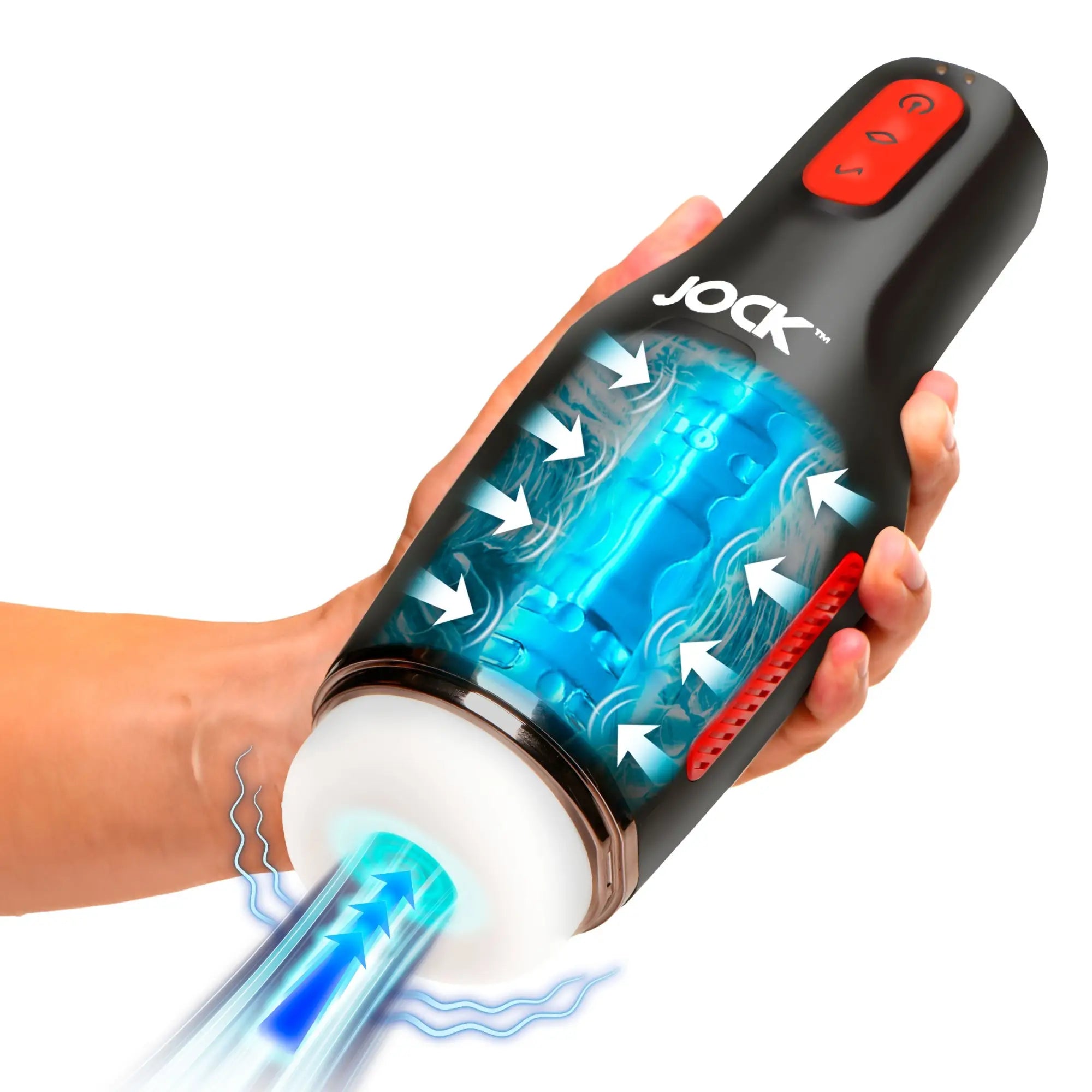Curve Toys 15X black masturbator with white sleeve, red buttons, and glowing blue internal sucking visualization.