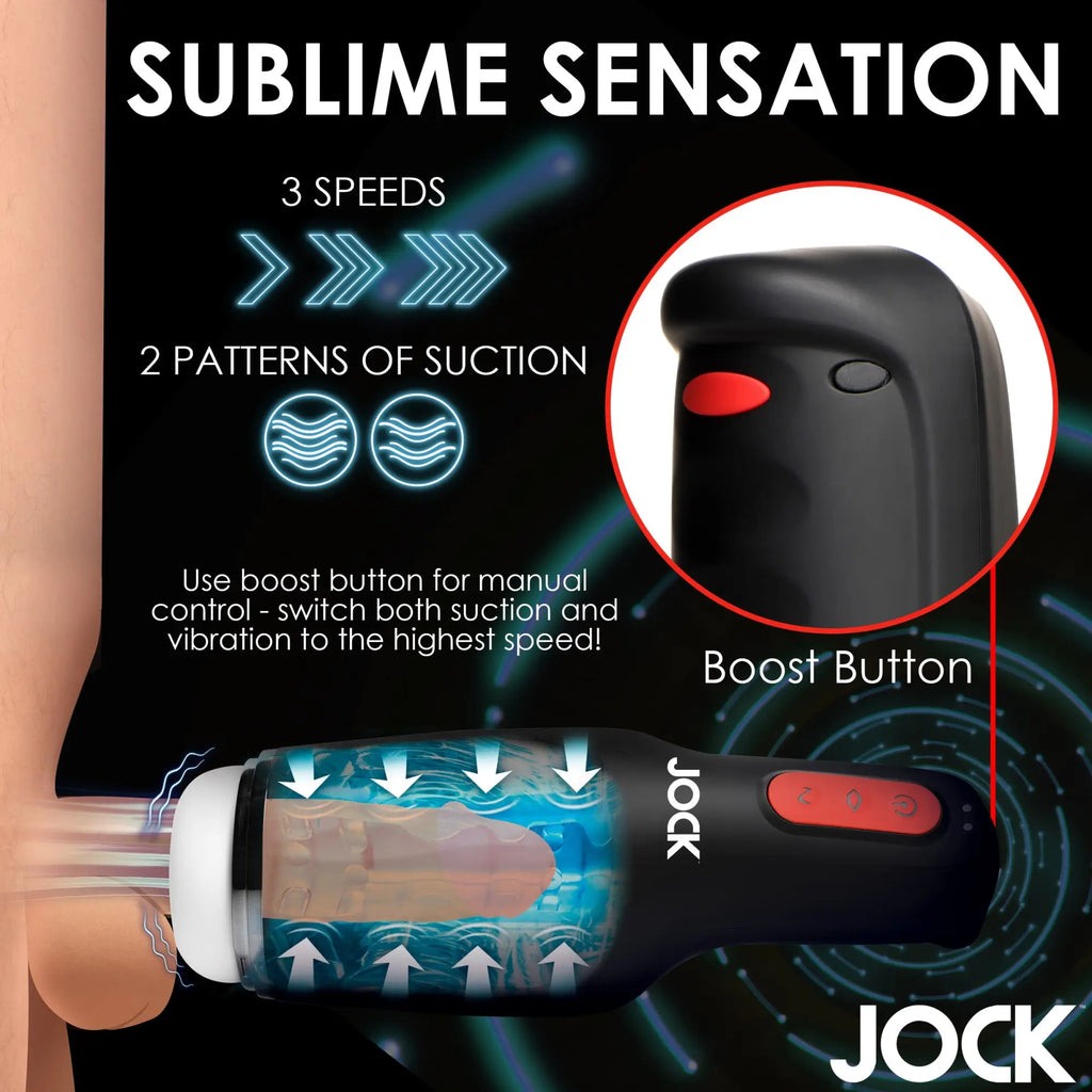 Curve Toys 15X black masturbator showing internal suction, vibration, boost button, and 3-speed settings.