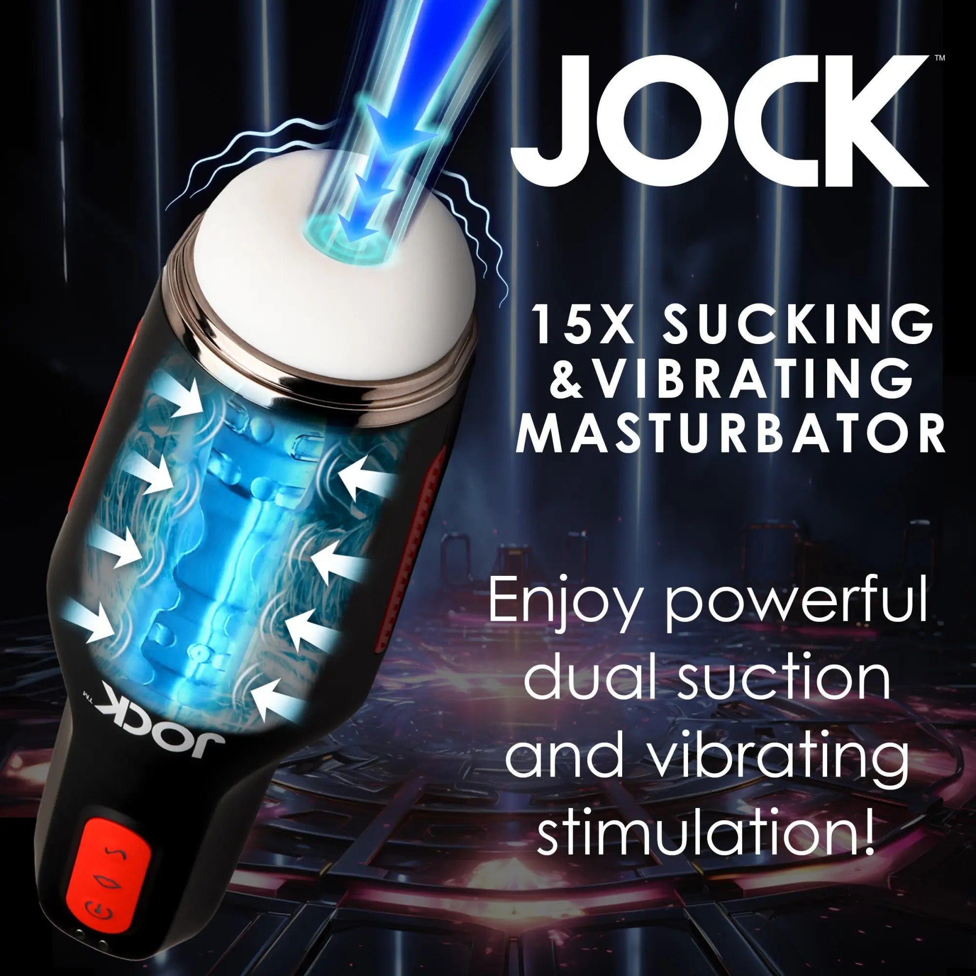 Curve Toys 15X masturbator: a black device with a white top, featuring blue internal lighting and red button accents.