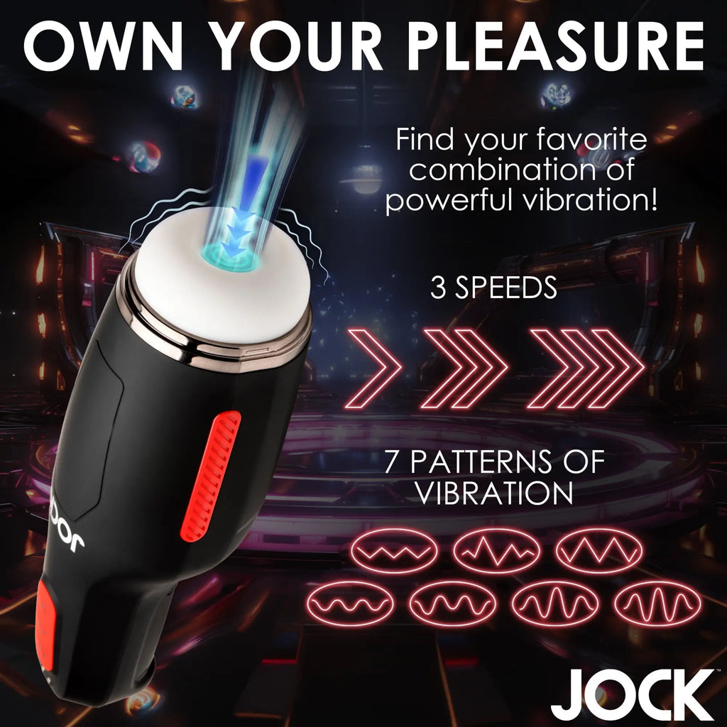 Curve Toys 15X sucking and vibrating masturbator in black with a white top, highlighted by red controls.