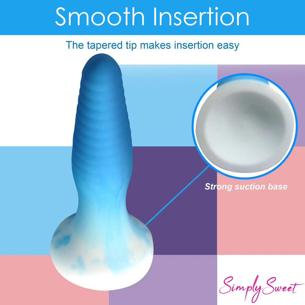 Curve Toys 3-piece silicone butt plug: a blue, ribbed, tapered plug with a white, wide suction base.