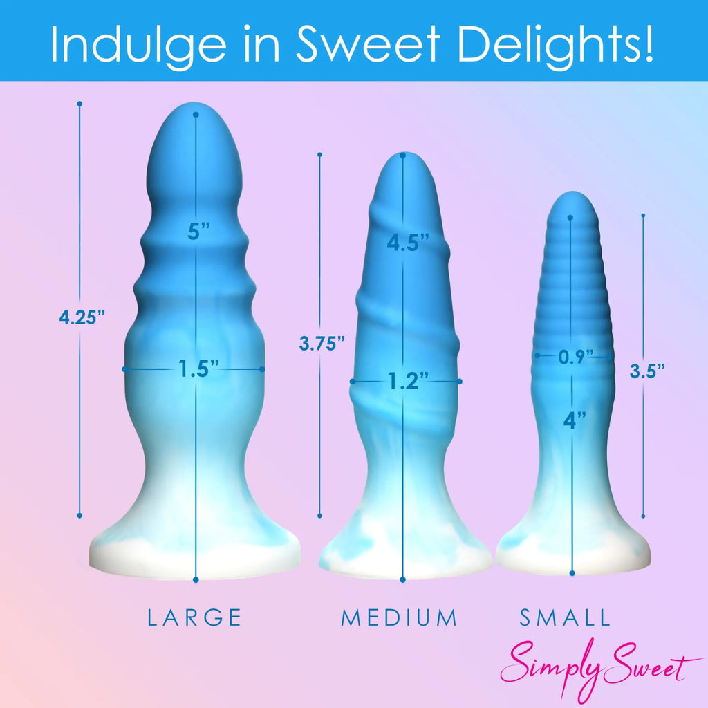 Curve Toys 3-piece silicone butt plug set in blue-to-white gradient, featuring small, medium, and large sizes with specs.