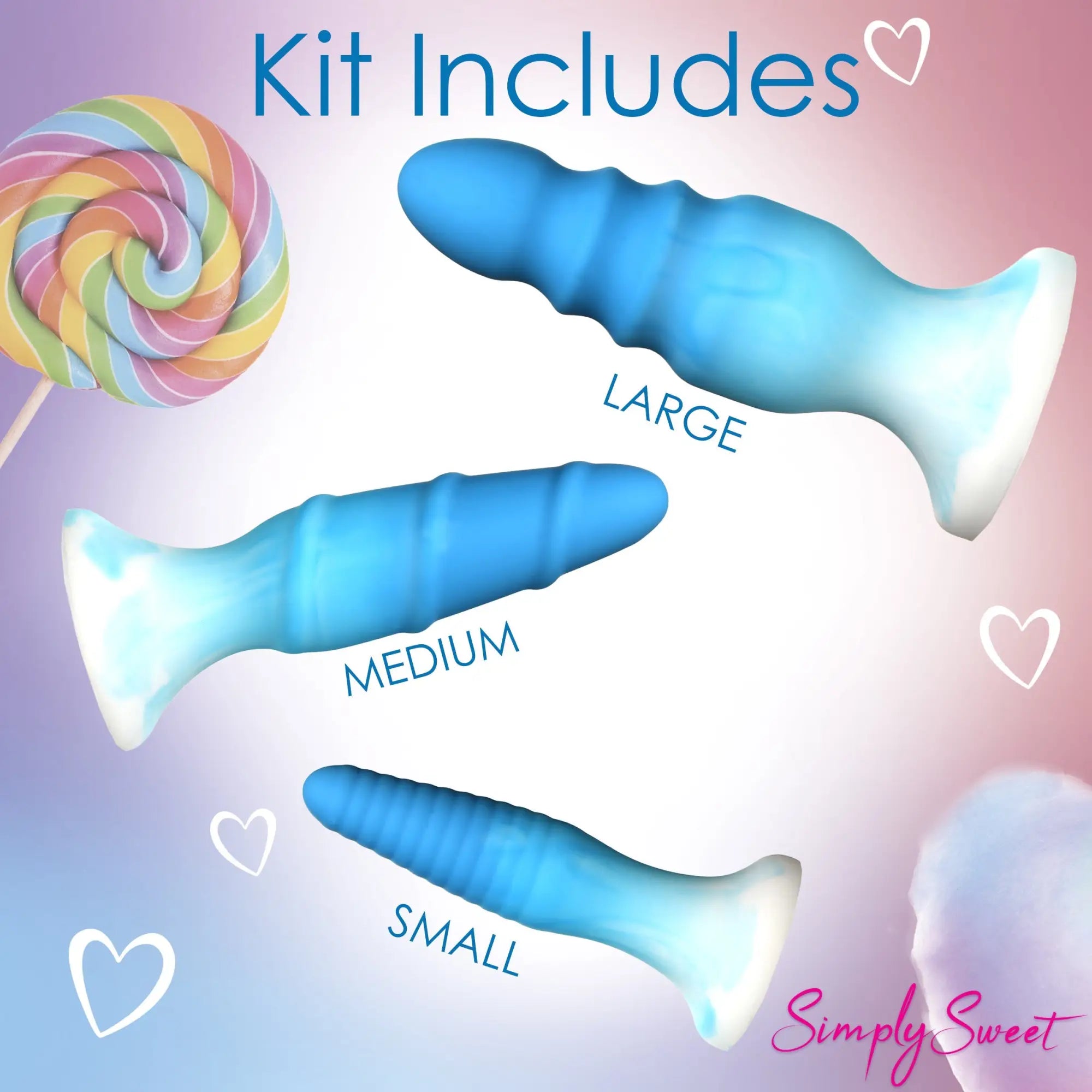 Curve Toys 3-piece silicone butt plug set in blue-to-white ombre, featuring small, medium, and large ribbed sizes.