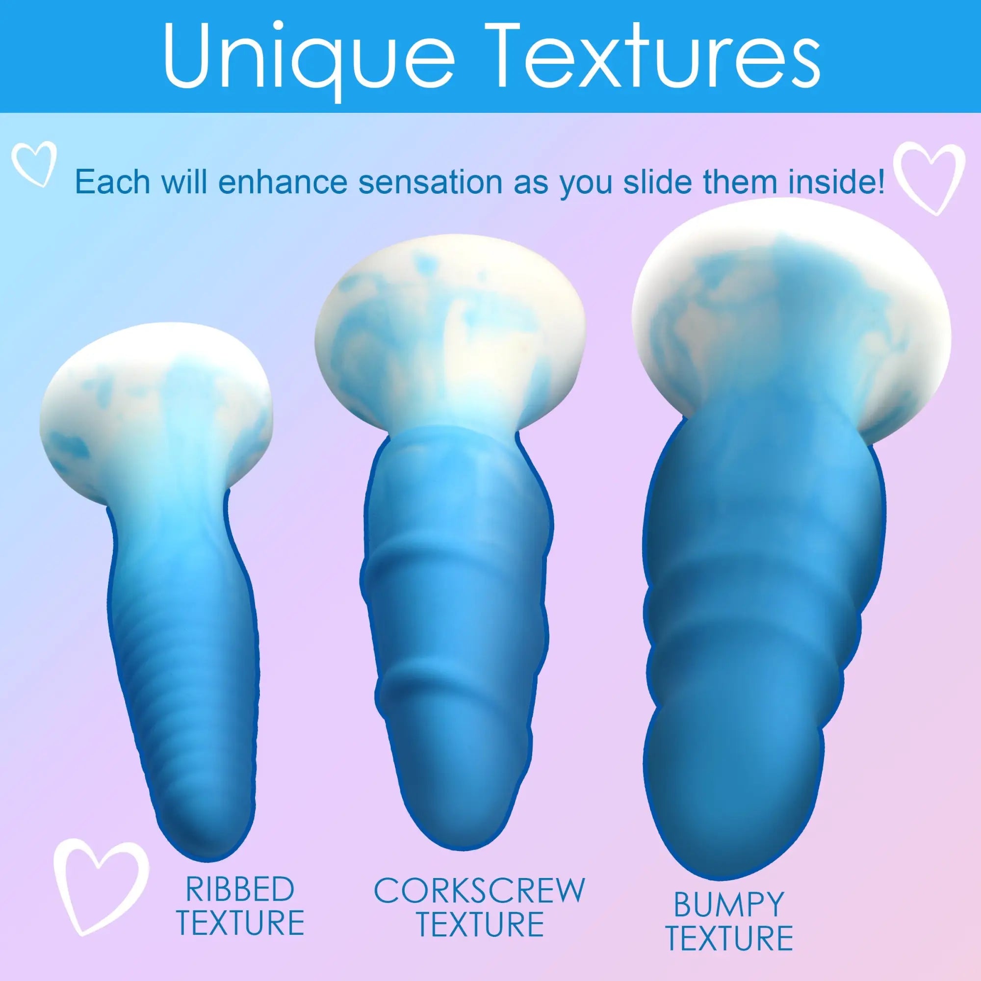 Curve Toys 3-piece silicone butt plug set featuring blue and white marbled, textured plugs of increasing sizes.