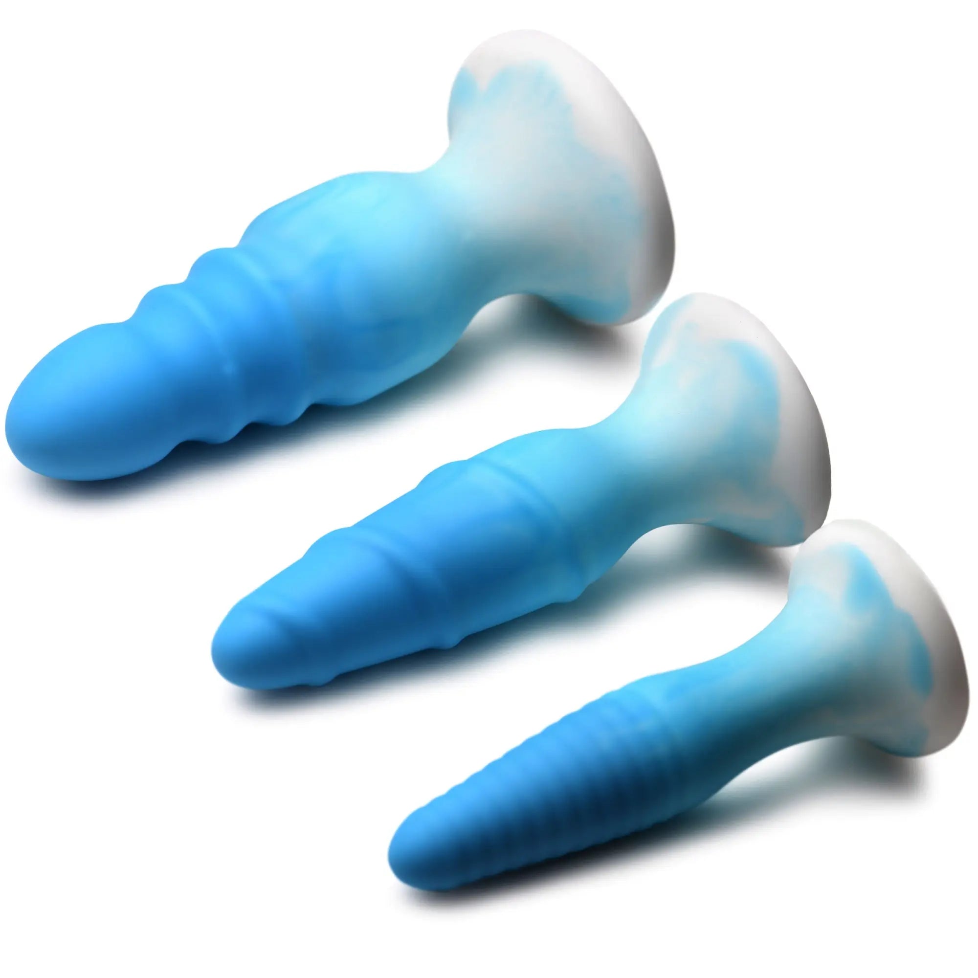 Curve Toys 3-piece silicone butt plug set in blue and white marble, featuring ribbed, tapered designs with flared bases.