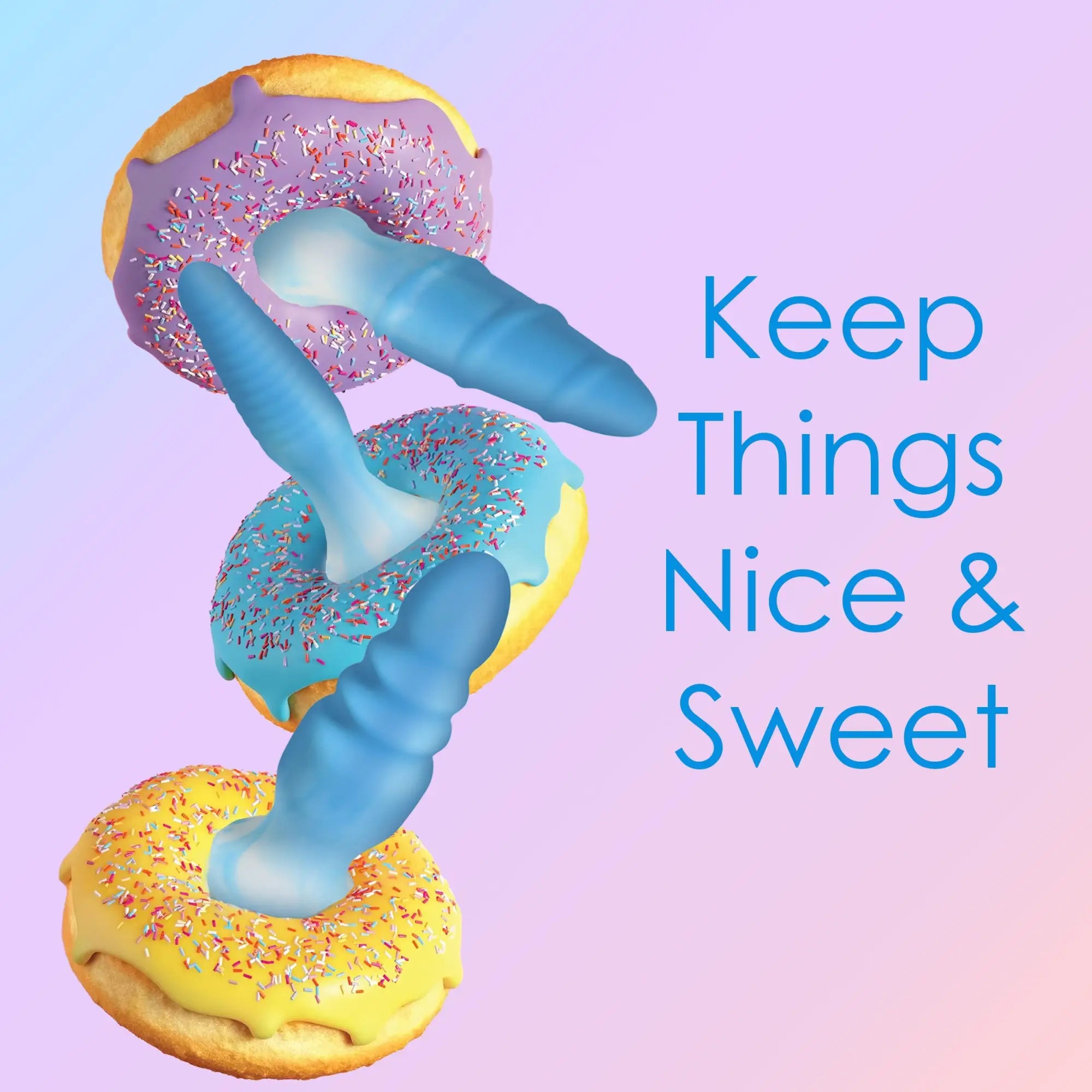 Curve Toys 3-piece blue silicone butt plug set, each inserted through frosted, sprinkle-topped donuts against a gradient.