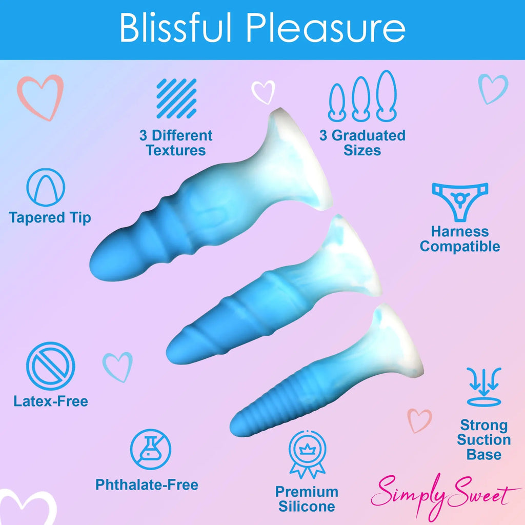 Curve Toys 3-piece silicone butt plug set in blue-to-white ombre with tapered tips and suction cup bases.