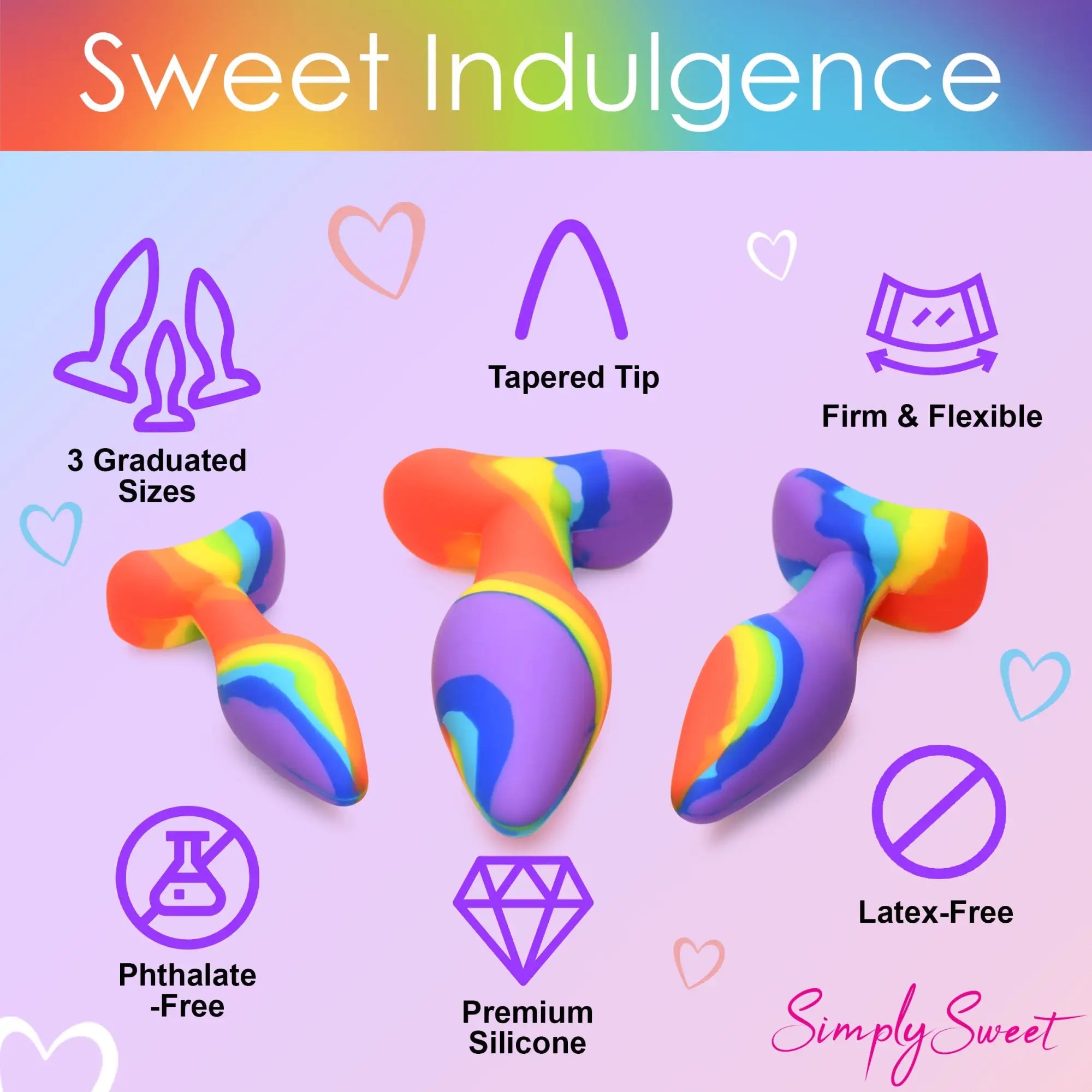 Curve Toys 3pc Rainbow Silicone Butt Plug Set: Three colorful, tapered silicone plugs in graduated sizes.