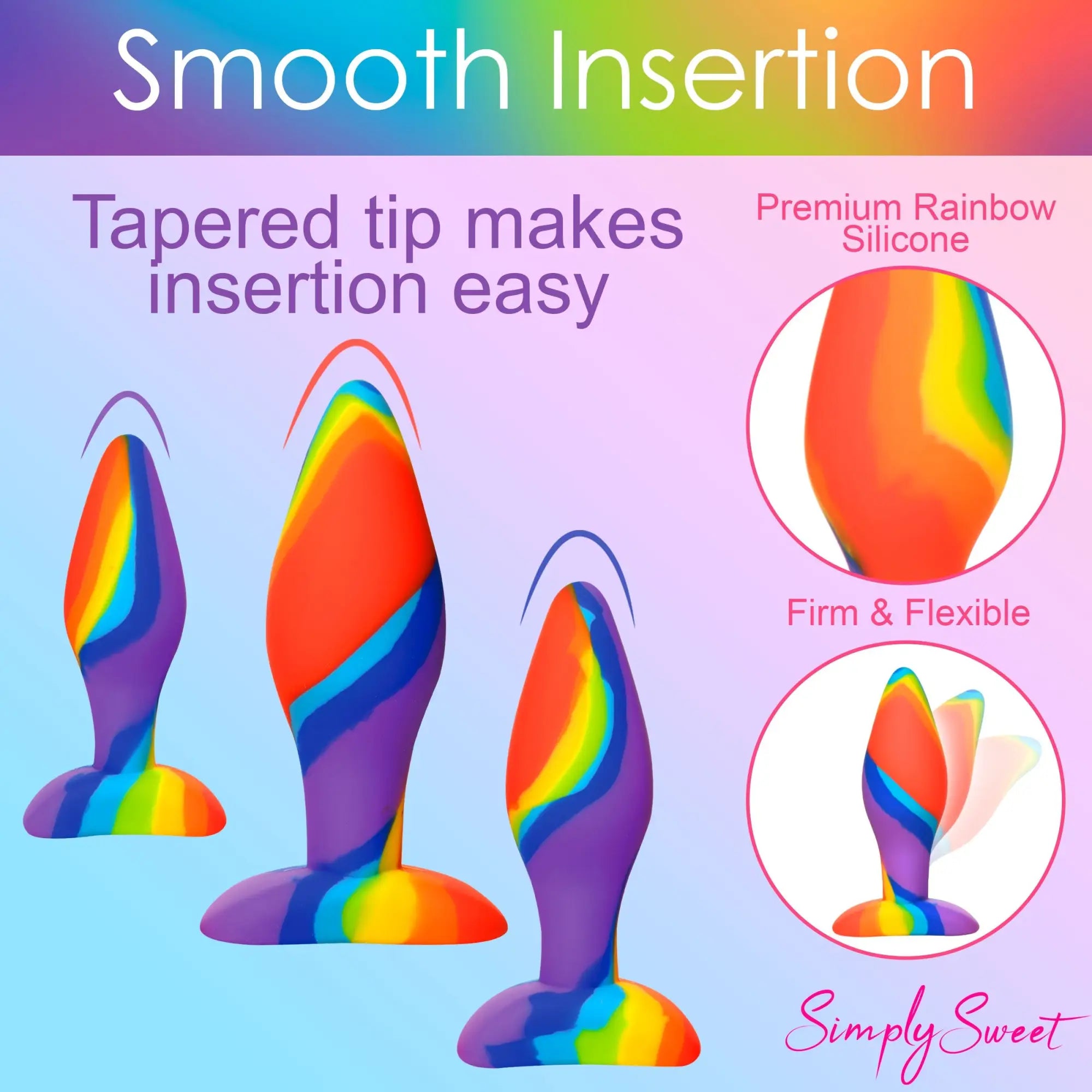 Curve Toys 3pc rainbow silicone butt plug set featuring tapered tips in three different sizes for easy insertion.