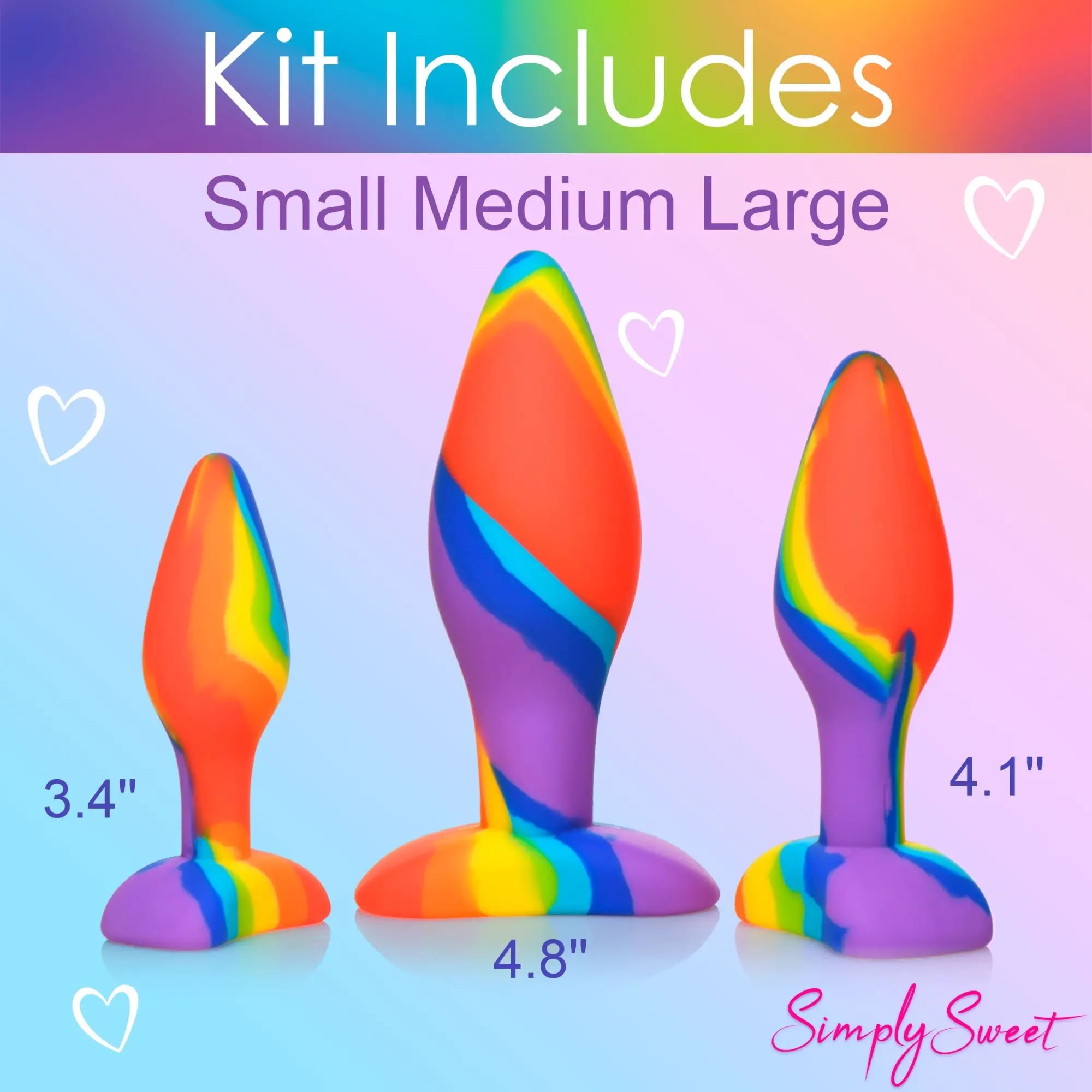Curve Toys 3pc rainbow silicone butt plug set featuring small, medium, and large sizes with a swirling multicolored pattern.