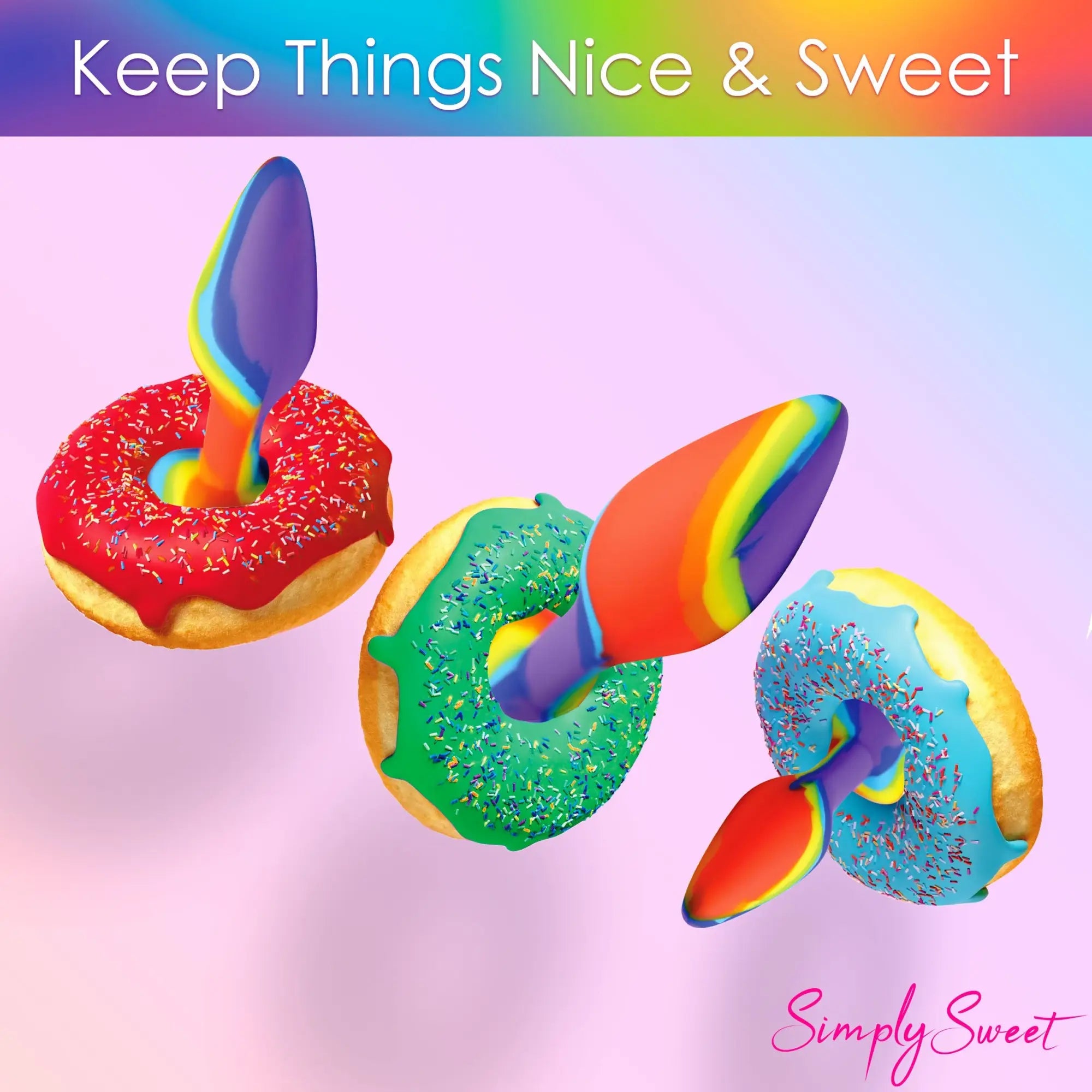Curve Toys 3pc rainbow silicone butt plug set displayed protruding from three colorful, frosted, sprinkle-topped donuts.