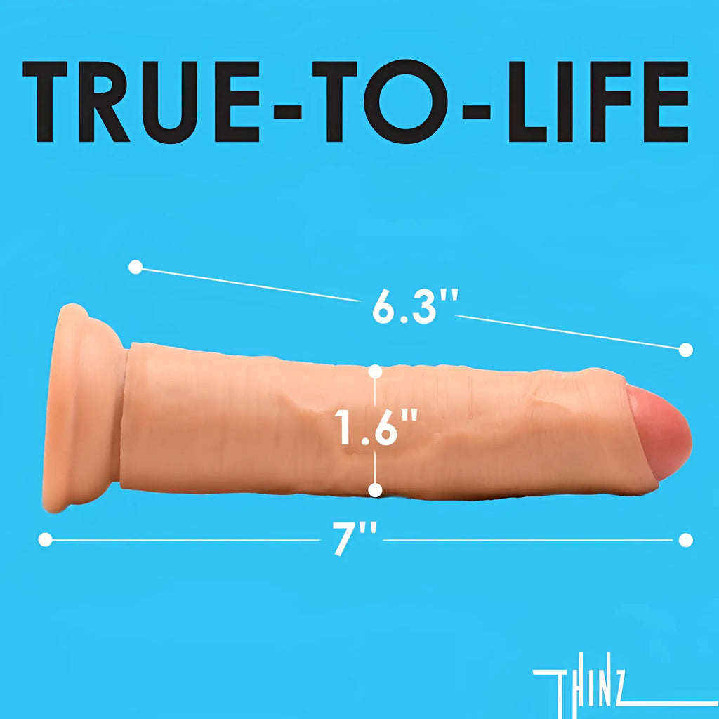 Curve Toys 7" uncut dildo in realistic skin tone with texture and measurement labels on a bright blue background.