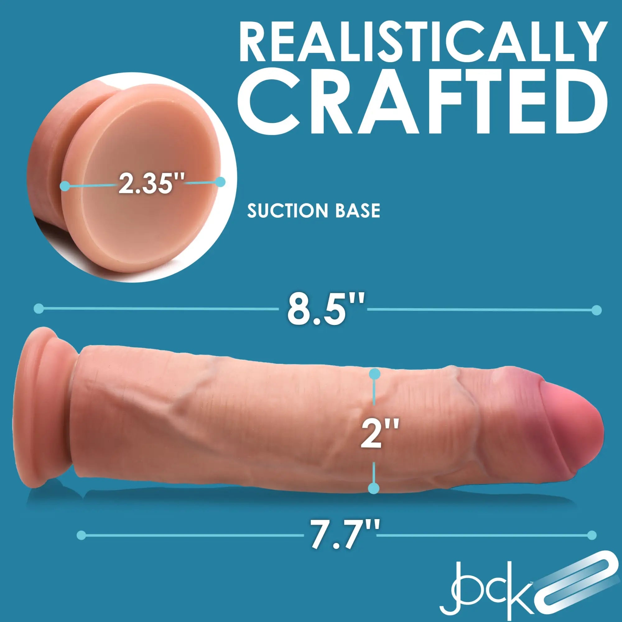 Curve Toys 8.5-inch peach-colored, realistic, uncut dual-density dildo with a suction base and size specifications.