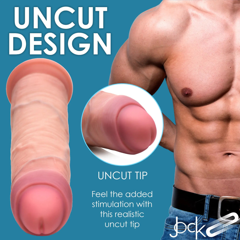Curve Toys 8.5-inch realistic dual density, flesh-colored uncut dildo against a blue background with a torso model.