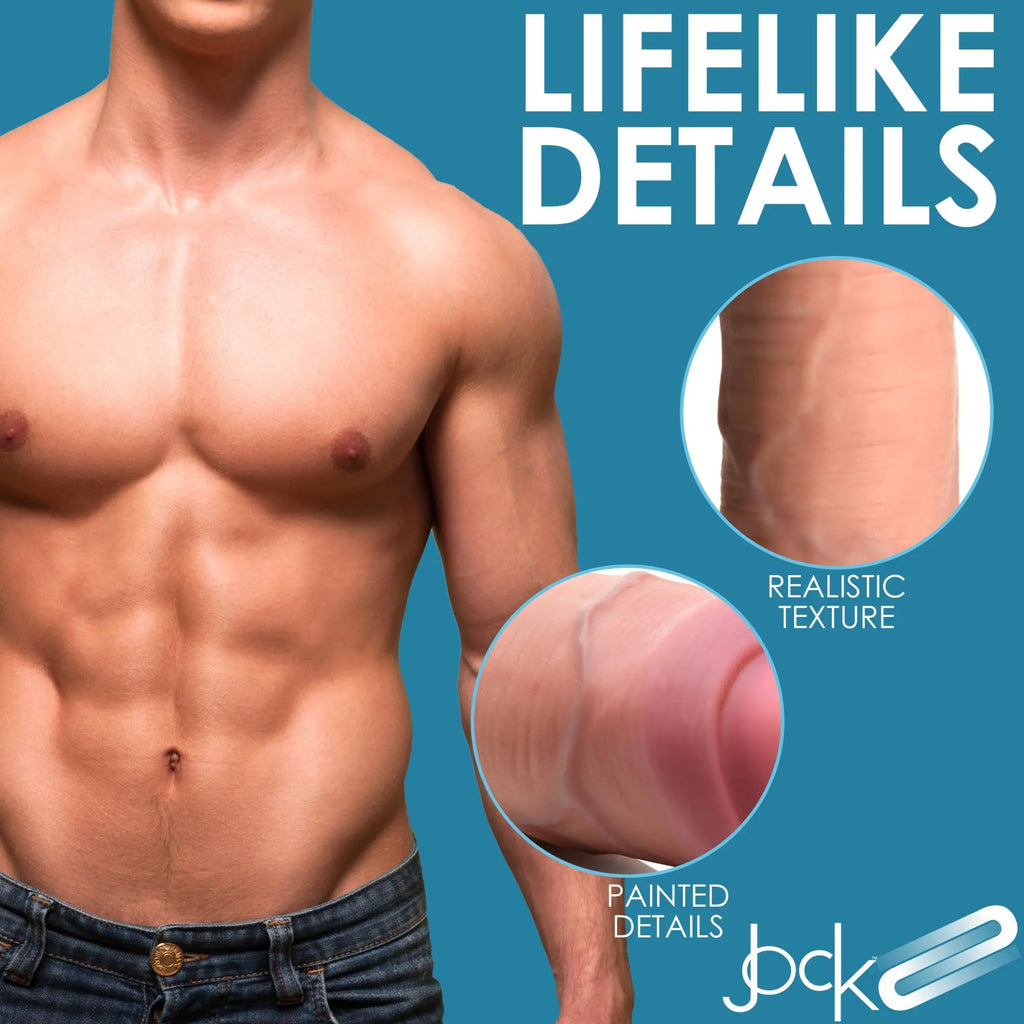 Curve Toys 8.5-inch uncut dildo with realistic, skin-toned texture and painted details shown in close-up circular insets.