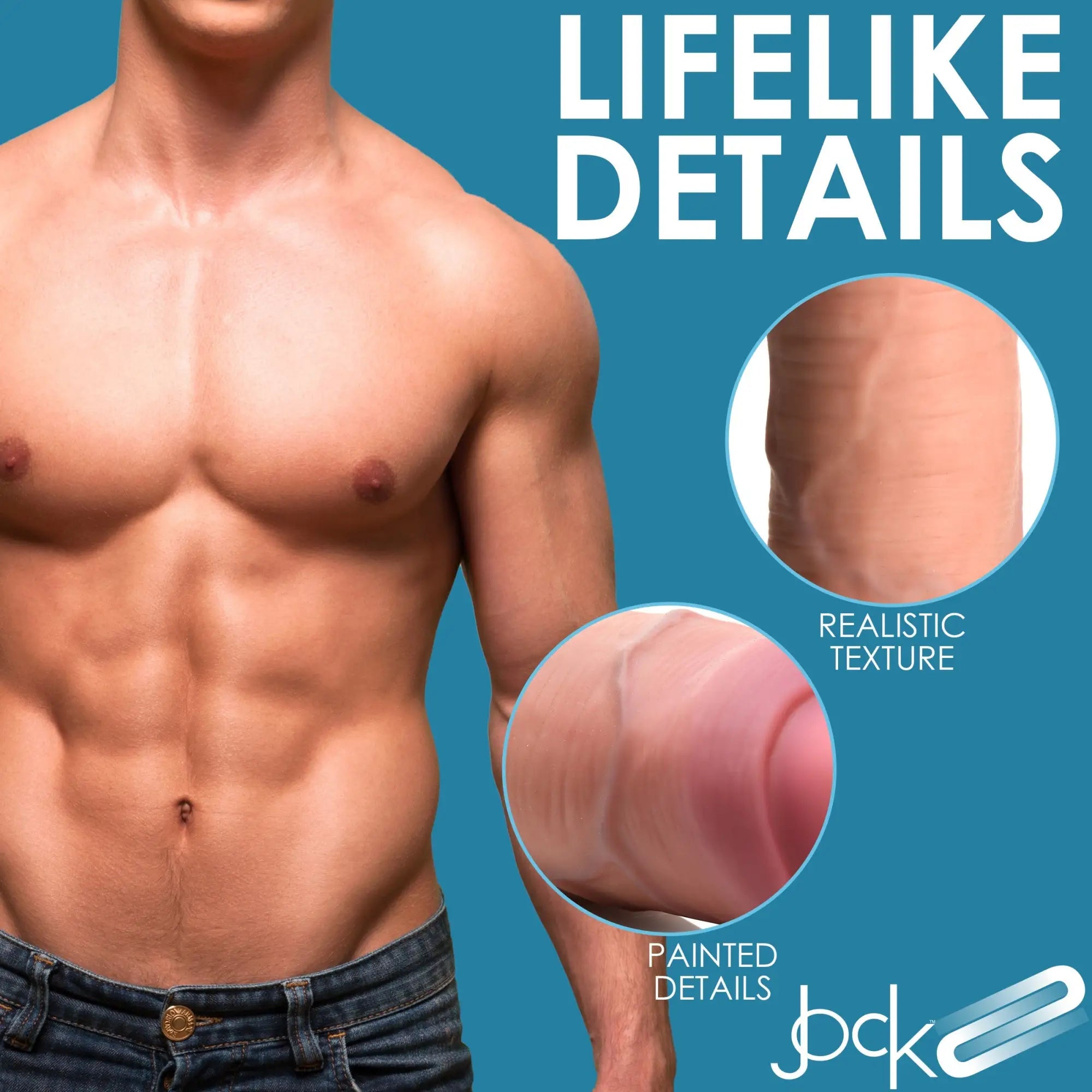 Curve Toys 8.5-inch uncut dildo with realistic, skin-toned texture and painted details shown in close-up circular insets.