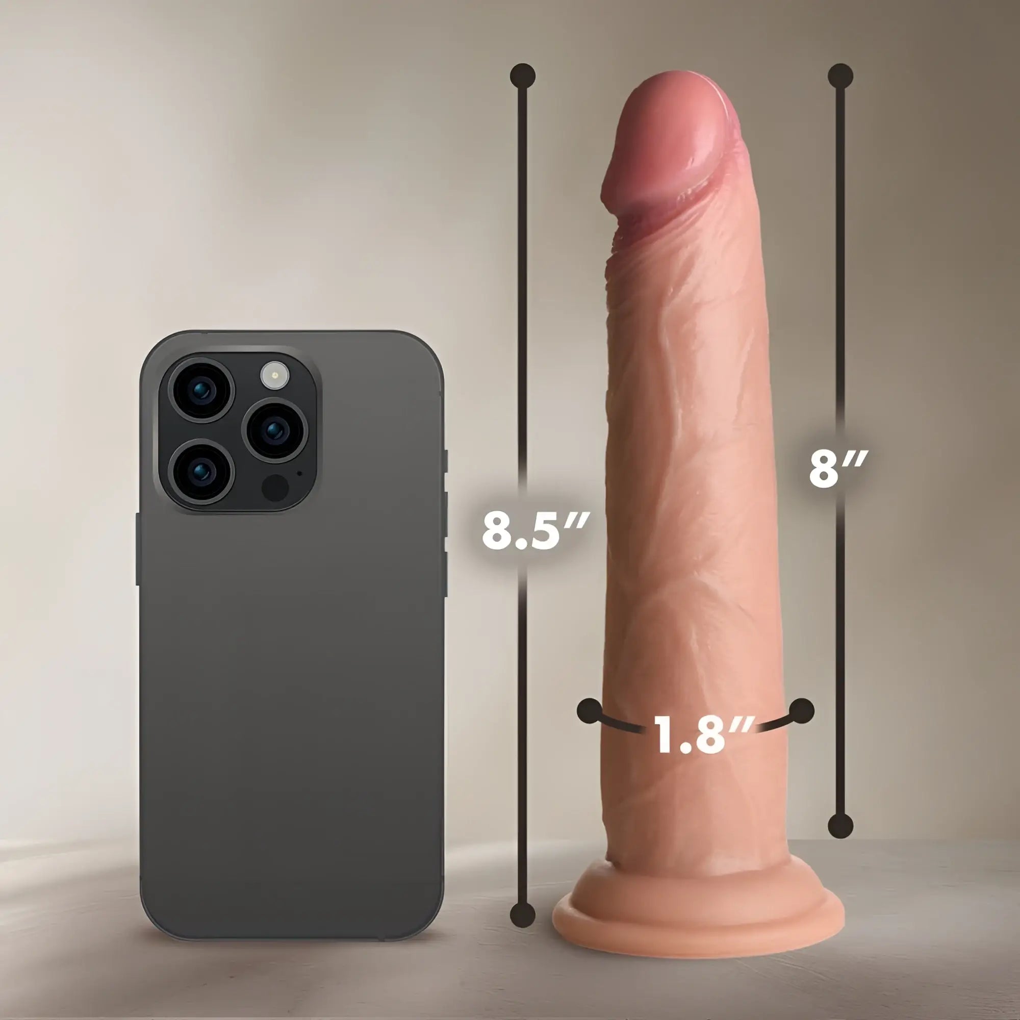 Curve Toys 8.5-inch realistic skin-tone silicone dildo shown next to a smartphone for size reference.