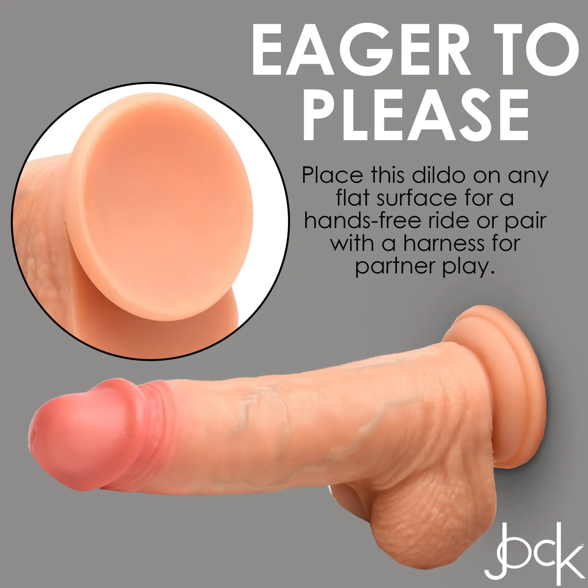 Curve Toys 8-inch realistic silicone dildo in skin tone with textured detail, base, and balls, shown on grey background.