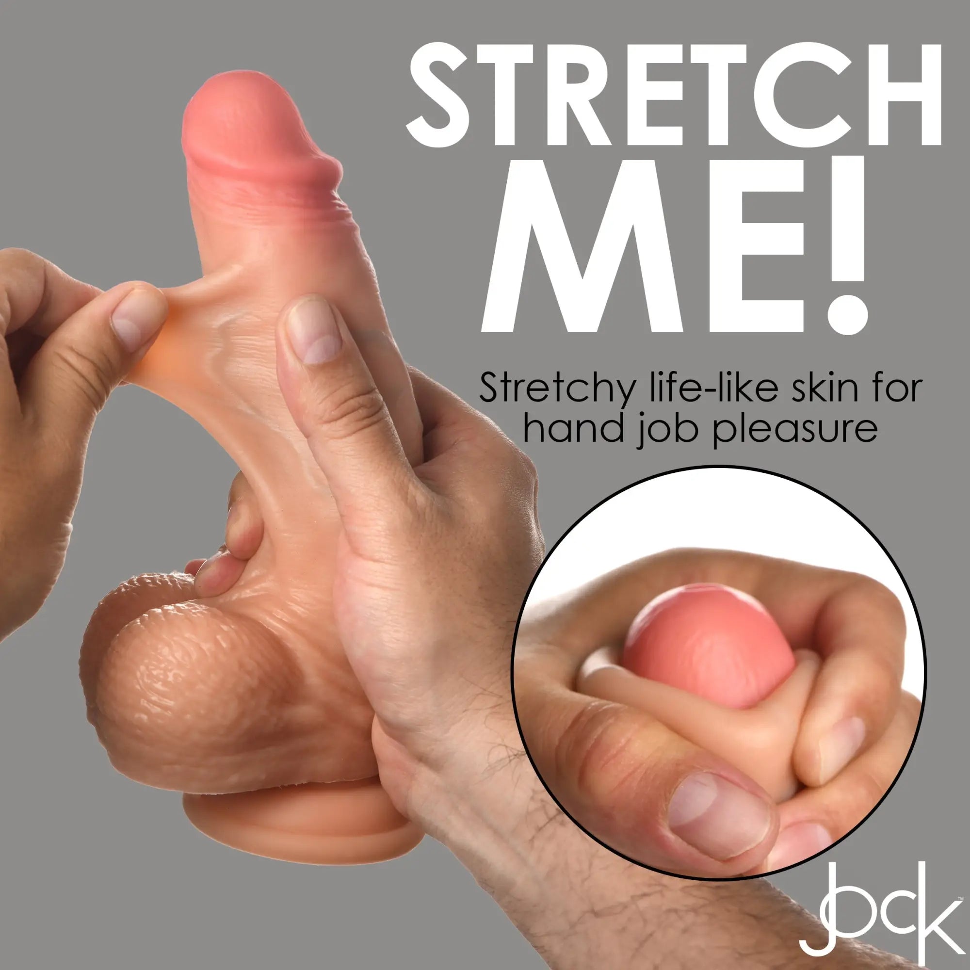 Curve Toys 8-inch silicone dildo with balls. Hands stretch the realistic, pink-toned skin-like material of the toy.