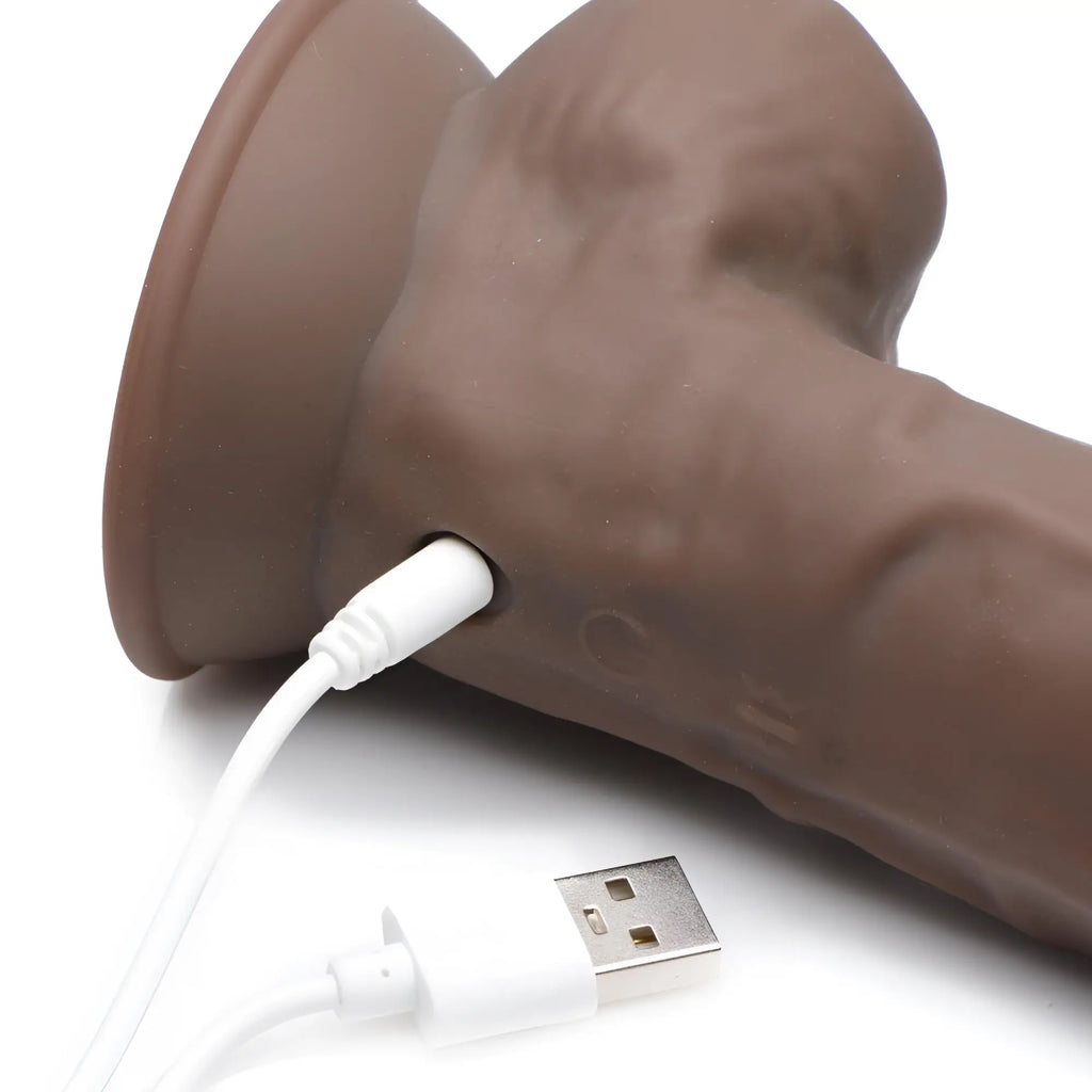 Curve Toys 8 Inch Silexpan dildo: brown, textured silicone with suction base, shown with a white USB charging cable.