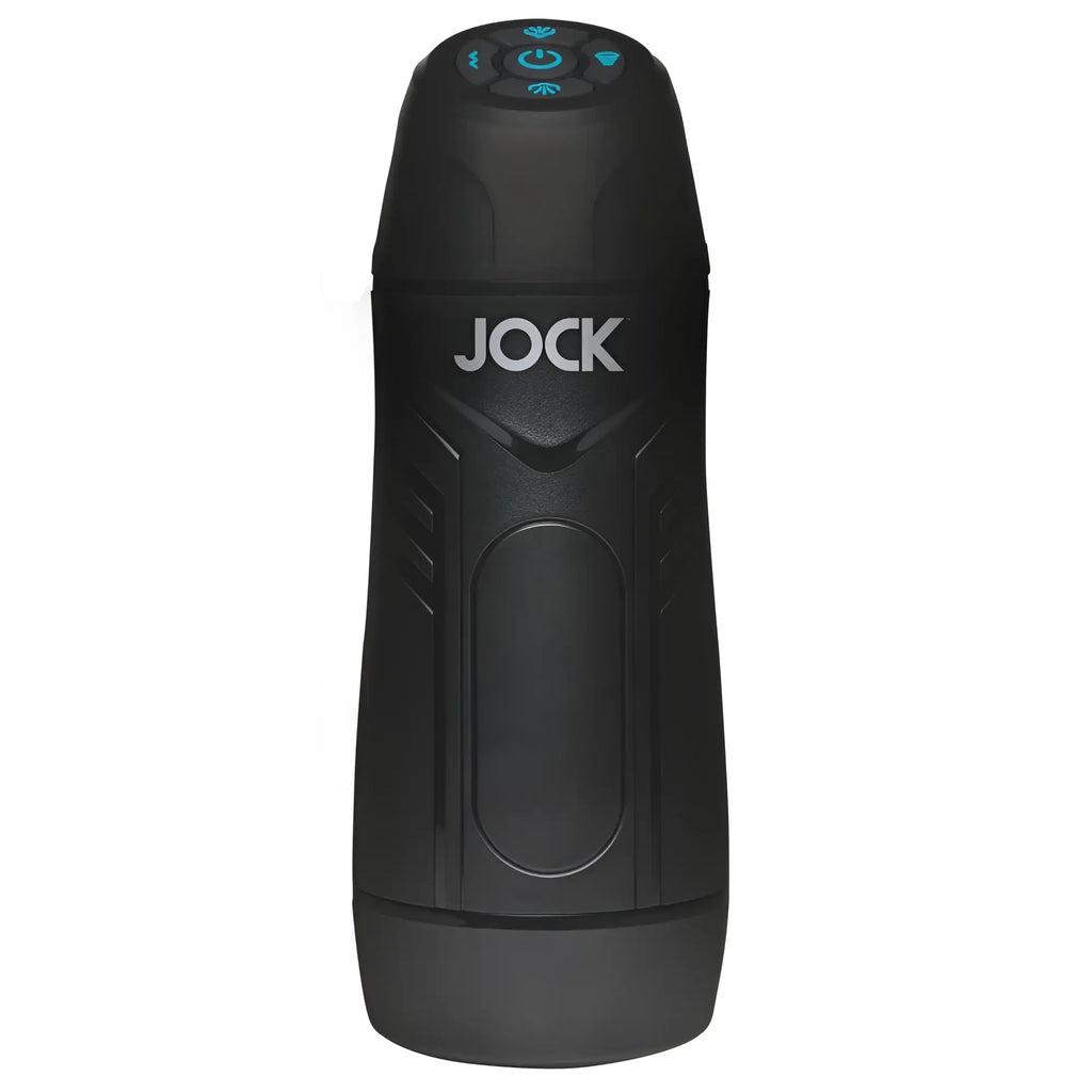 Black Curve Toys 9X sucking and vibrating masturbator with blue illuminated control buttons and JOCK logo branding.