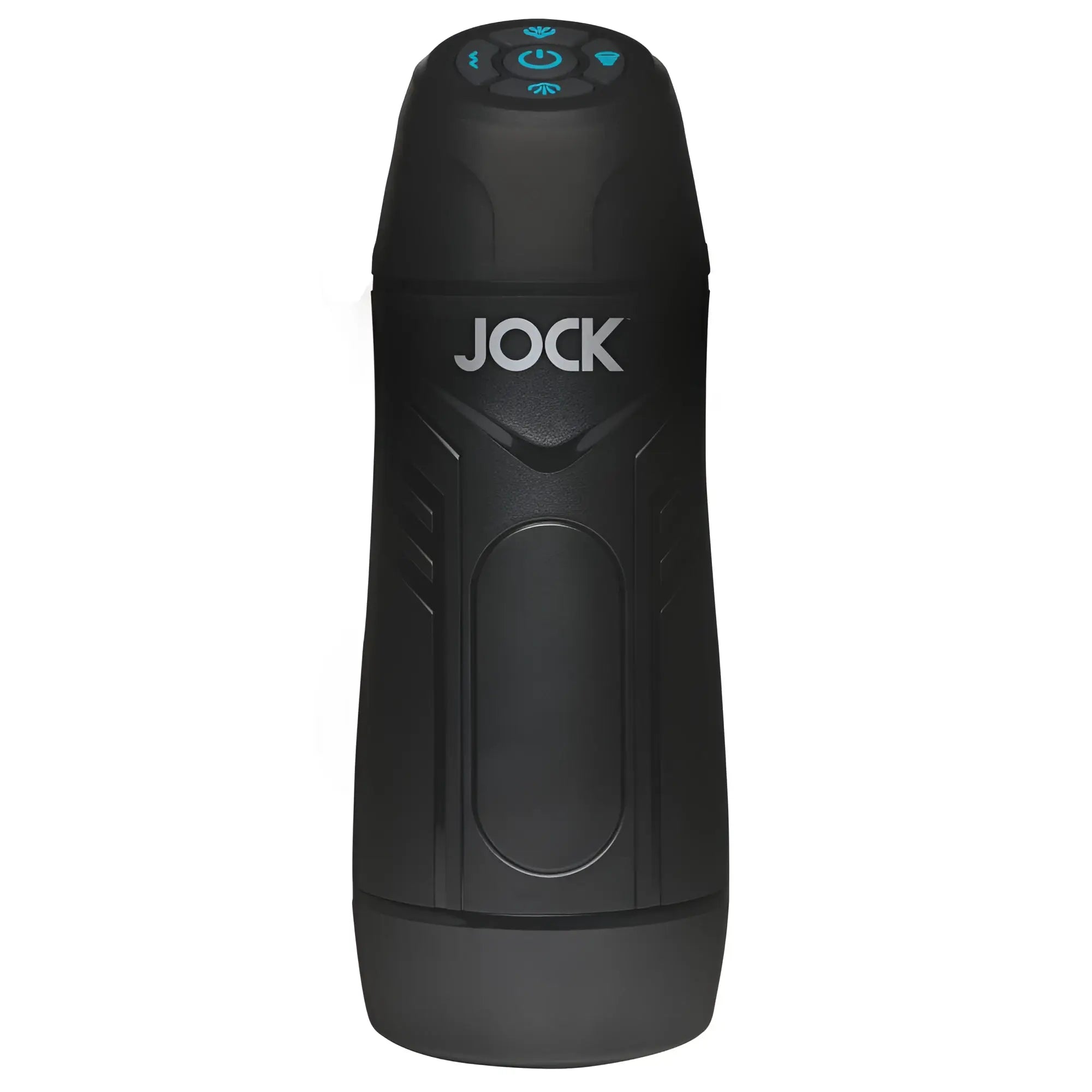 Black Curve Toys 9X sucking and vibrating masturbator with blue illuminated control buttons and JOCK logo branding.