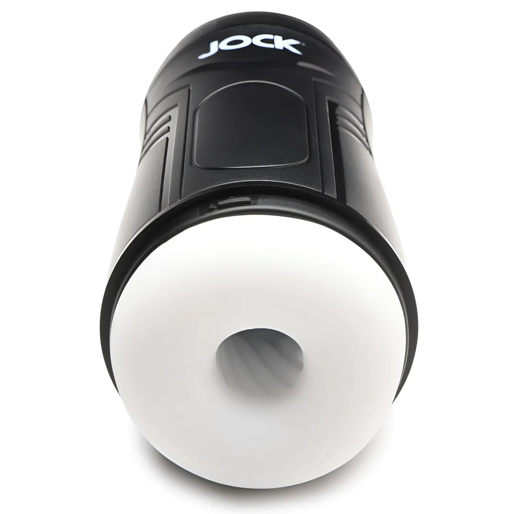 Curve Toys 9X masturbator: a black handheld device with a white textured silicone sleeve, labeled with the JOCK logo.